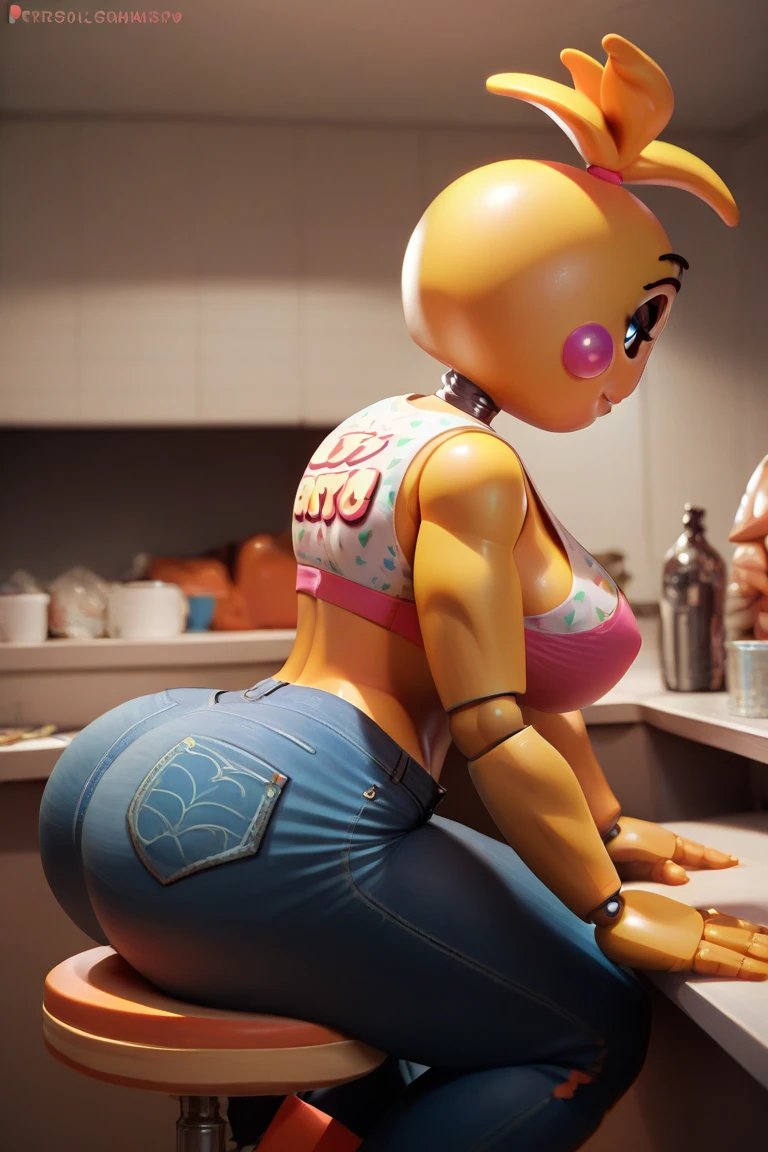 Toy chica, 8k, high detail, semi realistic, best shadows, raw hdr, big ass, naked, ((grinding butt against viewer's penis, 1 male)), pov, Pixar style, on bed, (viewer's full penis) ((slutty)) cum on ass, on hands and knees, 3d digital art, oily skin
