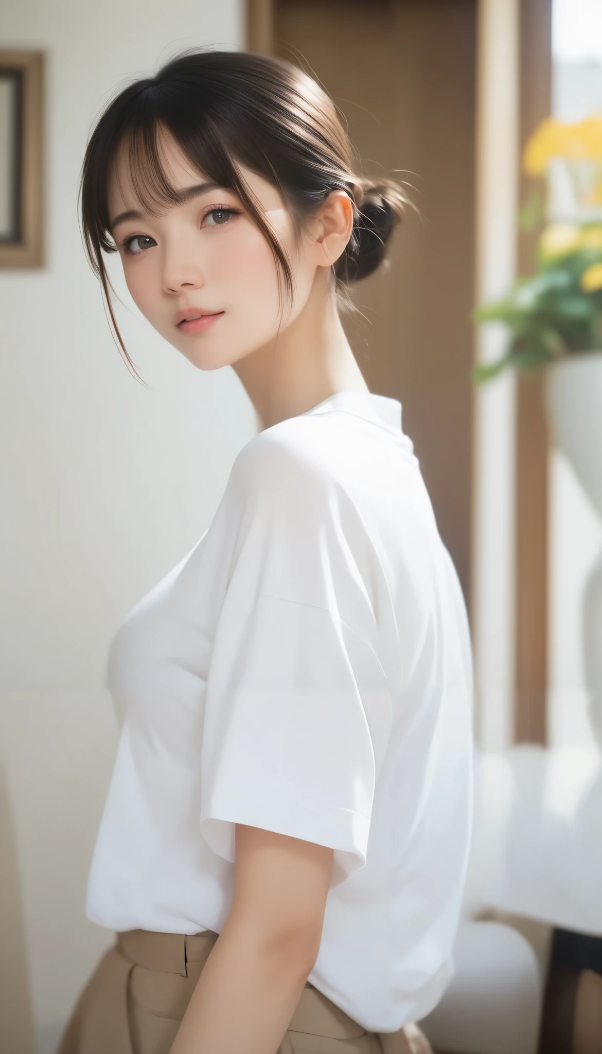 Arafed asian woman in white shirt and tan pants posing for a picture ...
