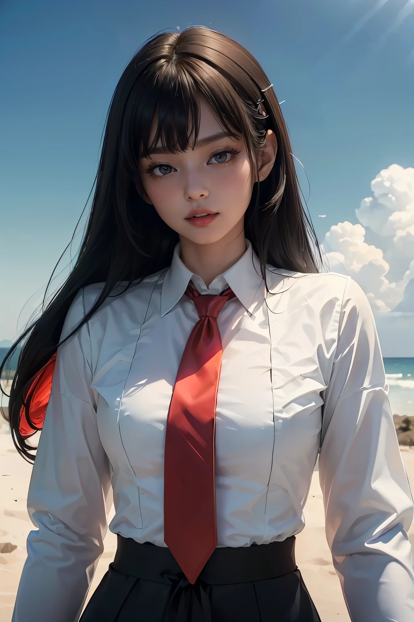 ((Masterpiece, best quality, very detailed), Volumetric light, surrounding occlusion, Rich and colorful, glow), 1 woman, lonely, young girl, (Black bangs), long hair, radius, sacred, goddess, CEO vibe, (Black suit, White shirt with Red necktie:1.3), armor, outdoor, sunset, sky, cloud, space, (Fantasy Theme:1.2),