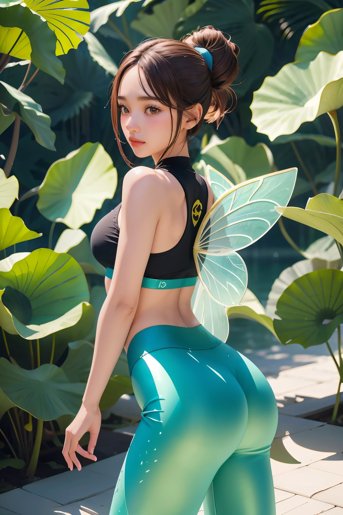1girl, solo,(lotus),yoga pants,lotus leaf fairy,anatomically correct,Ultra-clear,masterpiece,3D,skin texture,realistic,Gorgeous clothing,yoga pants, stand