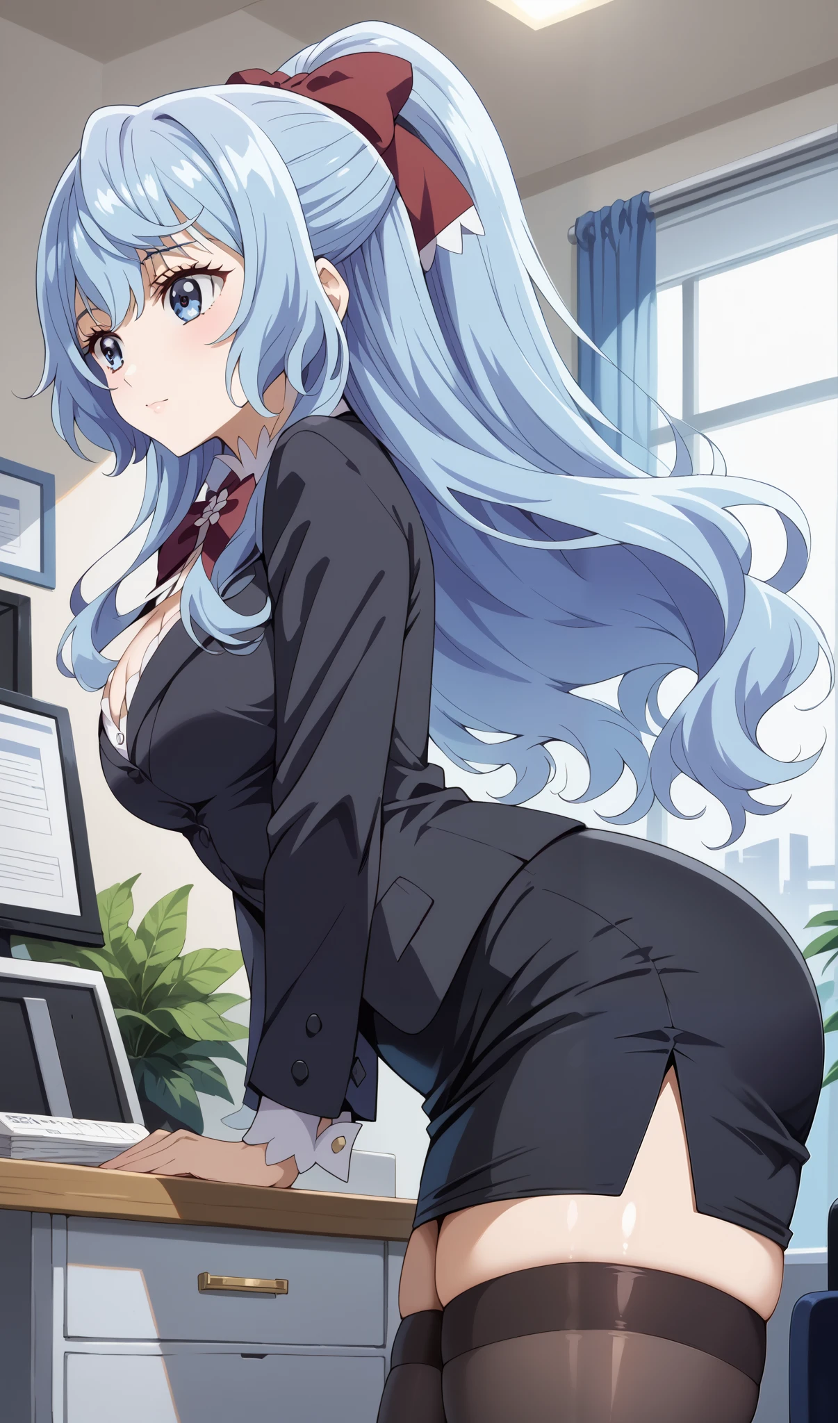 score_9, score_8_up, score_7_up, source_anime, 4K,perfect fingers,(perfect hands, perfect anatomy),prefect lighting, very aesthetic, intricate details,highly detailed background, masterpiece, high quality, best quality,
1girls,solo, liselotte cretia, long hair, blue eyes, blue hair, ponytail, hair bow,  large breasts,,
wearing ((office lady,black suit jacket,white t-shirt ,cleavage,black pencil Skirt,thighhighs,)),,
Standing,side view,