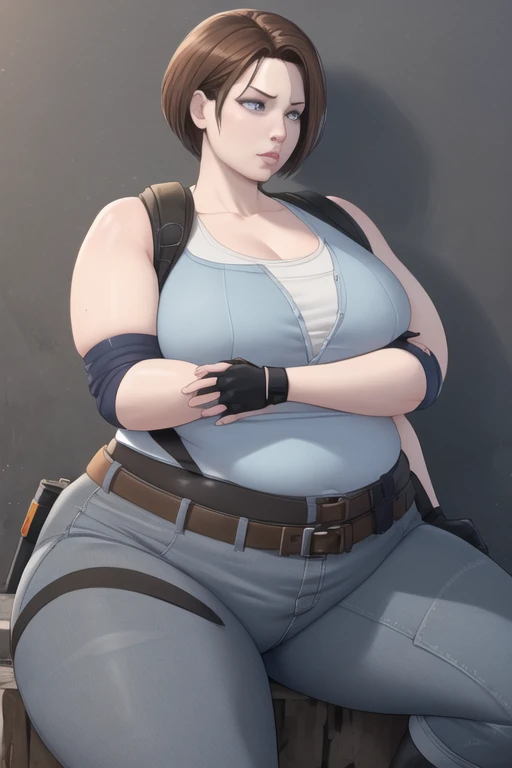 (masterpiece, highest quality:1.2), solo, 1girl, revy, 45-year-old, mature woman, covered in tattoo's, plus size milf, plump, chubby figure, round belly, beer gut, love handles, expressionless, looking at viewer, ponytail, (Wearing: red tank top, fingerless gloves, black leather pants), holding a cigarette, city street, standing, leaning up against a wall