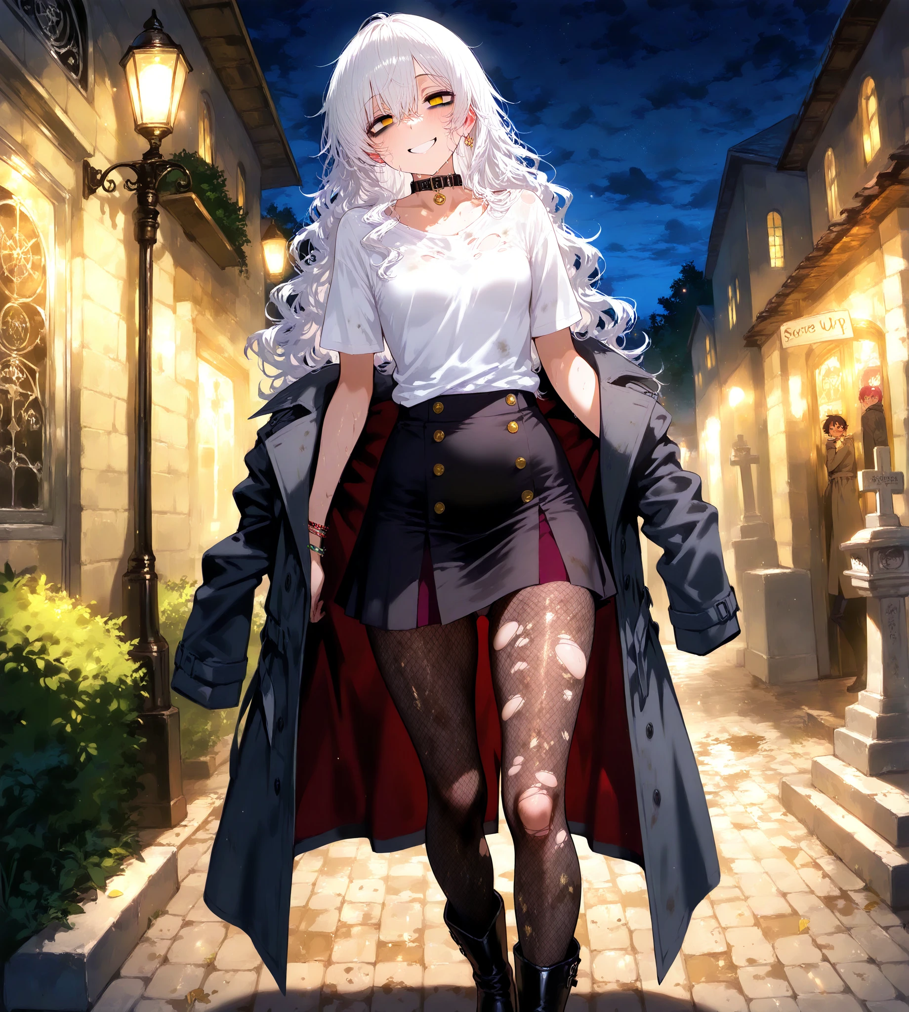 (masterpiece, highest quality, perfect anatomy, textile shading, gleaming skin, detailed skin)BREAK, 
elie macdowell, green eyes, hairband, blue ascot, hair ribbon, long sleeves, belt, pantyhose, white boots, Large Breasts, 
View your viewers, 
City Street, Dark Back Alley, BREAK,

Mouth closed, cloud, (torn clothes:1.3),   nsfw,(Lift up the skirt:1.4),(black panties visible:1.3),(pubic hair:1.2),(cameltoe:1.2),(love juice:0.7),
(frown:1.2),(angry:1.2),contemptuous,disdain,(hate:1.3),looking down,elegant, active angle, dynamism pose, Leaning against a wall,
outdoors, (embarrassed,nose blush:1.3),from below