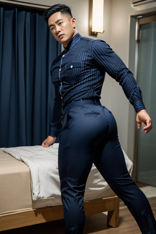 40-year-old boy ,Japanese bulky male officer ,Wear navy blue police uniform shirt and police boots............... no pants, sexy underwear brief, obvious underwear print ,((unrealistic super big tight butt wearing pants)), 