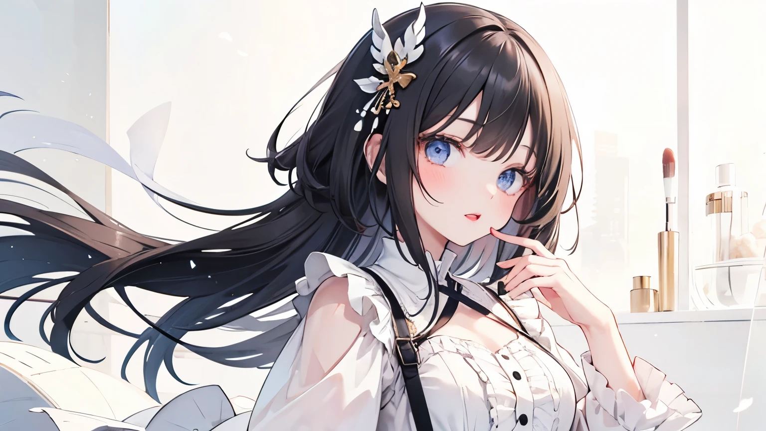 Beautiful woman in a brown and white long sleeve puff sleeve dress with lots of ruffles Long black bob hair with hair ornament upper body lipstick