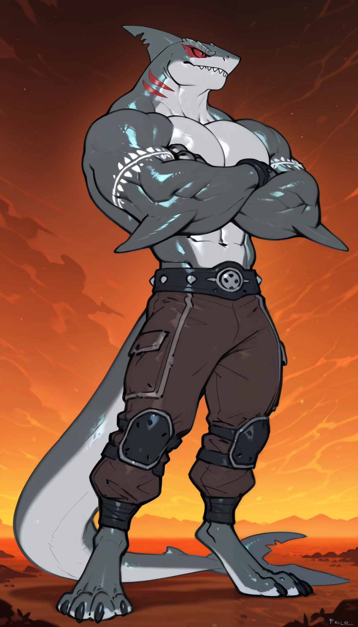 sharkman, anthro megalodon, darker hands and fins, black back, solo, big arms, bara, detailed skin, lizard shark hybrid, anthro, closed mouth, tribal polynesian tattoos, detailed shark skin, scalie arms, fins on arms, gray color body, beefy, thick scales on arms, digitigrade legs, 4 toes, proporcional body, mercenary pants, wide chest, trapezoid body type, marked jaw, thick shark tail, The design incorporates elements from various shark species, such as the dorsal fin, sharp teeth, and muscular build, best quality, sketch, ultra-detailed, by Buta99, by taran fiddler, by honovy, by Riolutiny, detailed illustration of 4K horror, standing with crossed arms