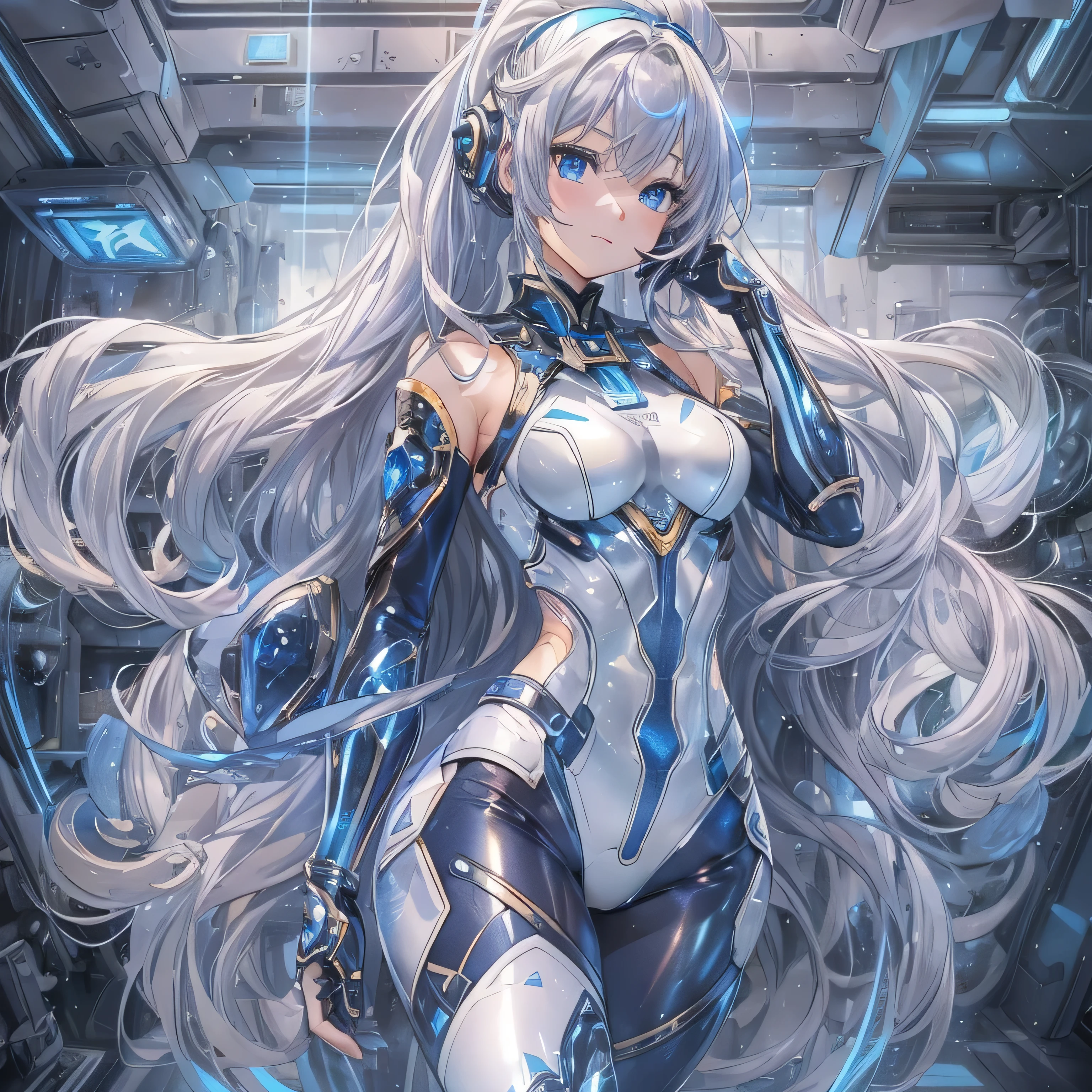 (((Photo from behind:1.6)))、((Lenses shining on both breasts:1.3))、((Blue pillars of light radiate from both of his chests..:1.3))、(Dynamic pose:1.6)、smile、((8K)), ((32k)), ((Highest quality)), ((masterpiece)), ((Ultra-high resolution)), ((Tmasterpiece)), ((Hello:1.4))、((Mechaニカルheadgear:1.2))、((Cyber Headphones:1.3))Fine skin, High quality fabric, Fine metal texture、((Beautiful and dense face))、RAW Photos、Professional, Ultra-fine painting, ((alone)), Beautiful breasts、Highest quality, Very detailed, Very detailed詳細, Finer details, so beautiful, ((Princess Knight Robot:1.2)), (Joint of the machine, Mechanical Limbs:1.3), (The internal structure of the machine is exposed:1.3), (Long silver hair:1.1), (Beautiful and huge mechanical breasts)、White Veil, cowboy_shot, Side Focus, headgear, Shiny、(Five Fingers, Four fingers and thumb),Concept Art, Anime fantasy artwork, Detailed fantasy art, (with pale blue-violet hair and large white wings,,,,,,,,), (((Long silver hair))), (Mecha:1.6)、Sleek and intimidating design, ((Commander-in-Chief'arm)), (Perfect robot body)、純白と青紫armまたは, Symmetrical wings, 8K 高品質詳細アート, 3D rendering of character art in 8K, neat legs, Defined, Defined fingers,((headshot:1.3))