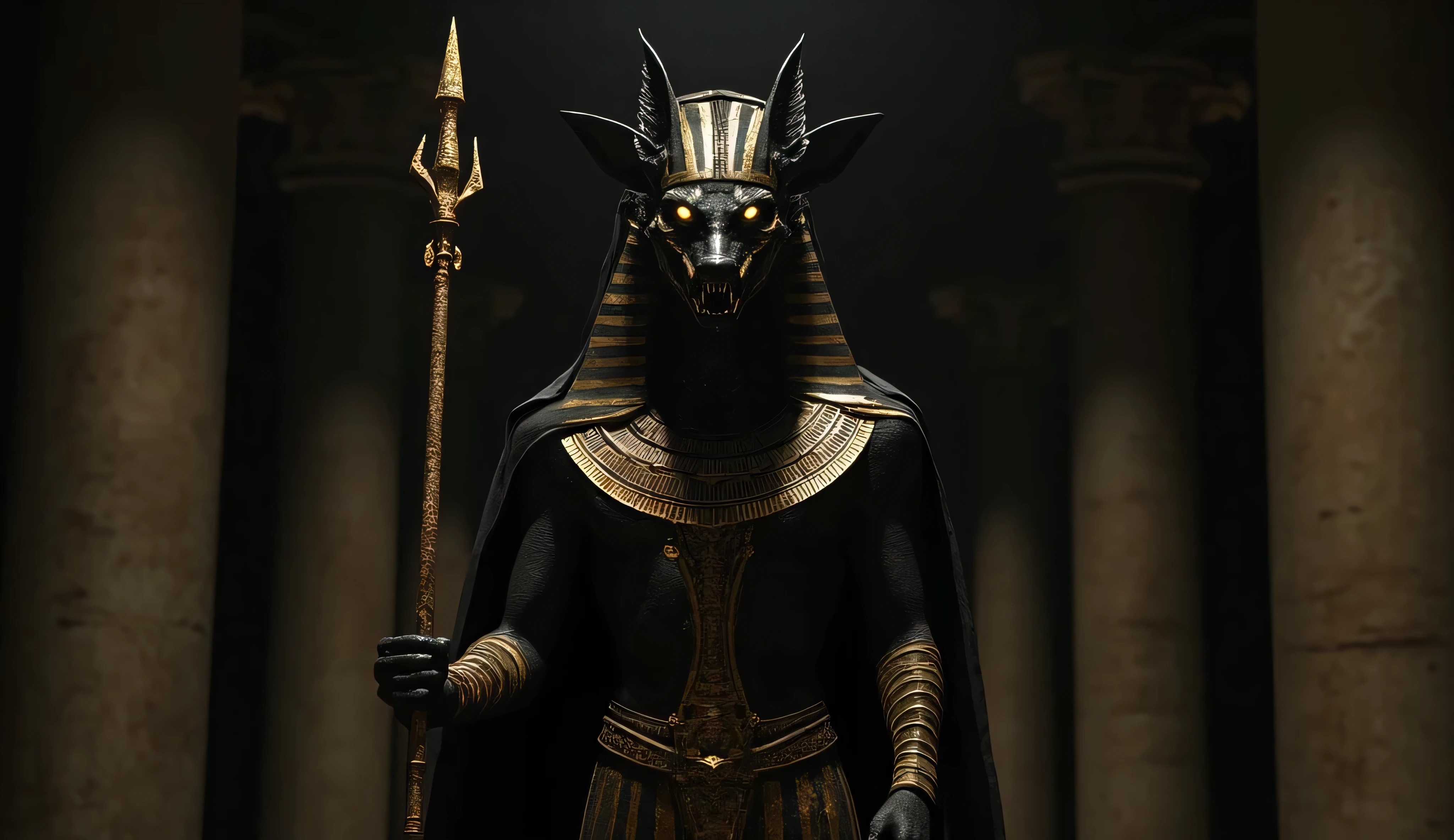 the Egyptian god Anubis. The face of a black Jackal. The headdress of the Egyptian Pharaoh. In his hands is a long golden staff with the ankh symbol. It is located in the Egyptian hall. Dark lighting. gloomy lighting. The sharp fangs of the god of death. Bright yellow eyes. The horror