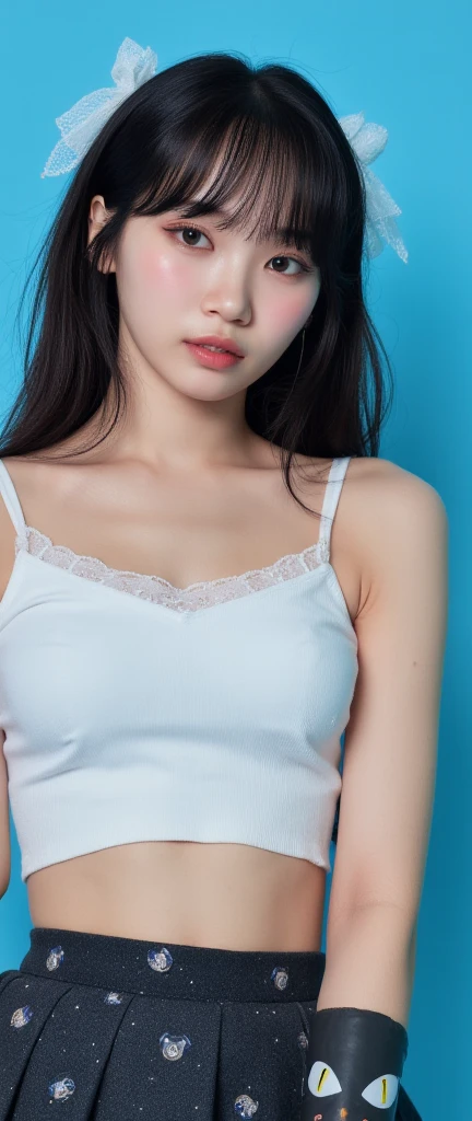 32k, Masterpiece, Top Quality, (Korea's Beautiful Women) Close-up, eye-level, long wavy dark brown hair, white lace bow, white bra transparant , (underboob: 1.2), cat print, dark skirt, space print, black detailing, bright blue background, playful, youthful, whimsical, edgy, bright lighting.