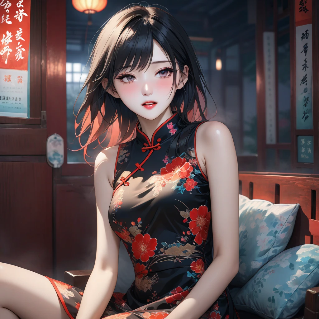 Girl, woman, emo_hairstyle, black lipstick, dog collar, eyeliner, eye shadow, smoky eyes, realistic lighting, short hair, standing up, sleeveless, Chinese dress, pelvic curtain, Chinese side hairbuns.