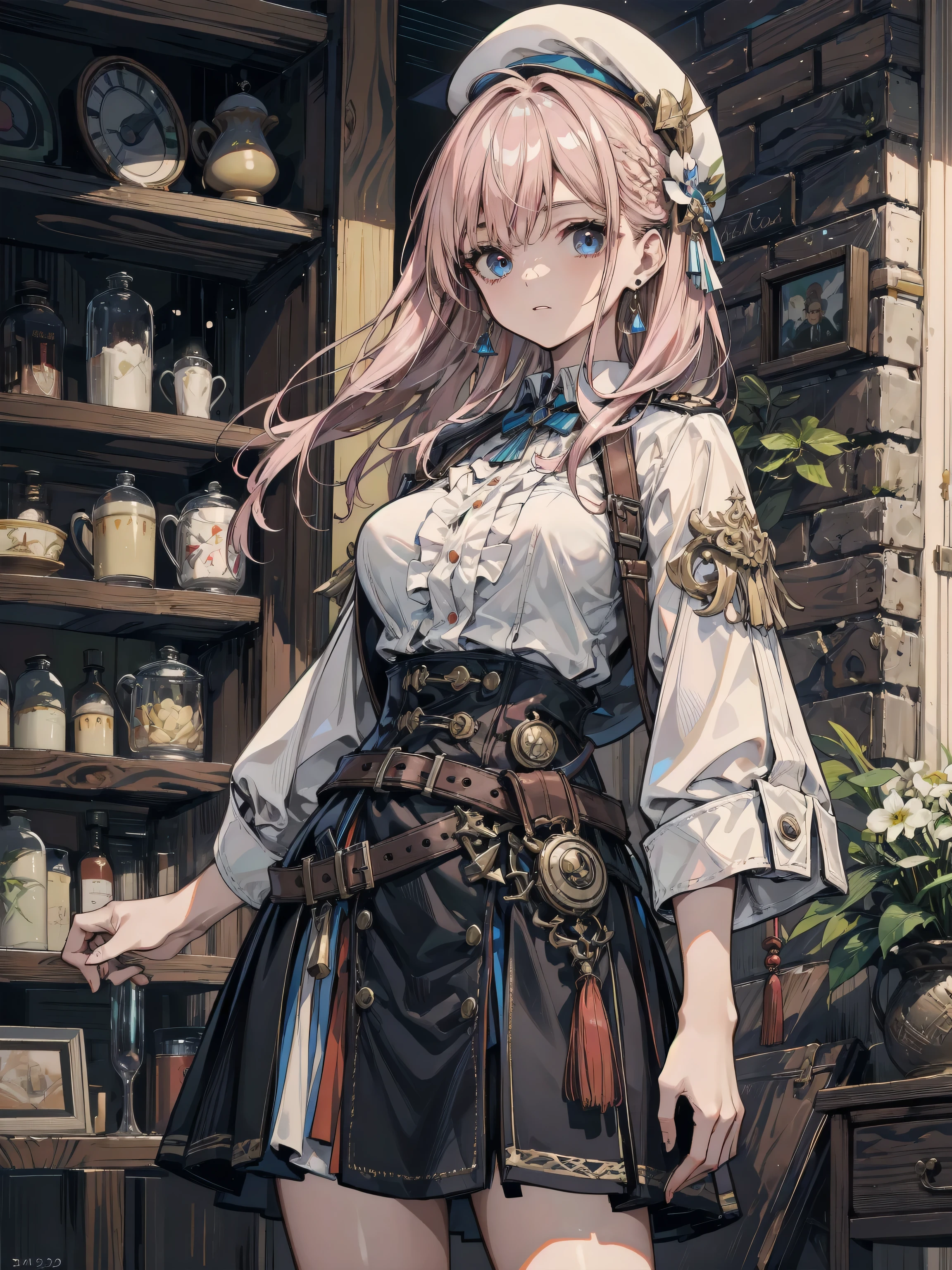 incredibly absurdres, RAW photo, extremely delicate and beautiful, masterpiece, Best Quality, ultra high resolution, 32k, hyperrealistic, ultra-detailed description, perfect anatomy, correct body, super Detailed skin, perfect figure, Perfect Style, Perfect balance, ideal ratio body proportions, in her 20s, very Slim body, narrow waist, very small head, very small face, delicate facial features, very detailed eyes and face, realistic face proportions, earring, half updo, hair ornament, cowboy shot, very huge round breasts, indoor, beret, skirt, military uniform,