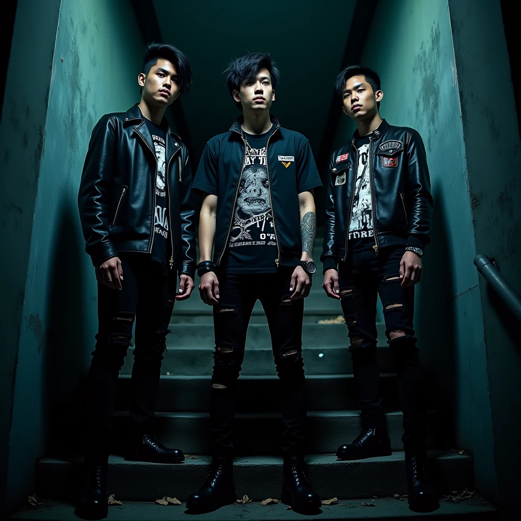take a picture of 3 emo-haired indonesian men in alternative rock costumes standing on the stairs at night with a dark theme