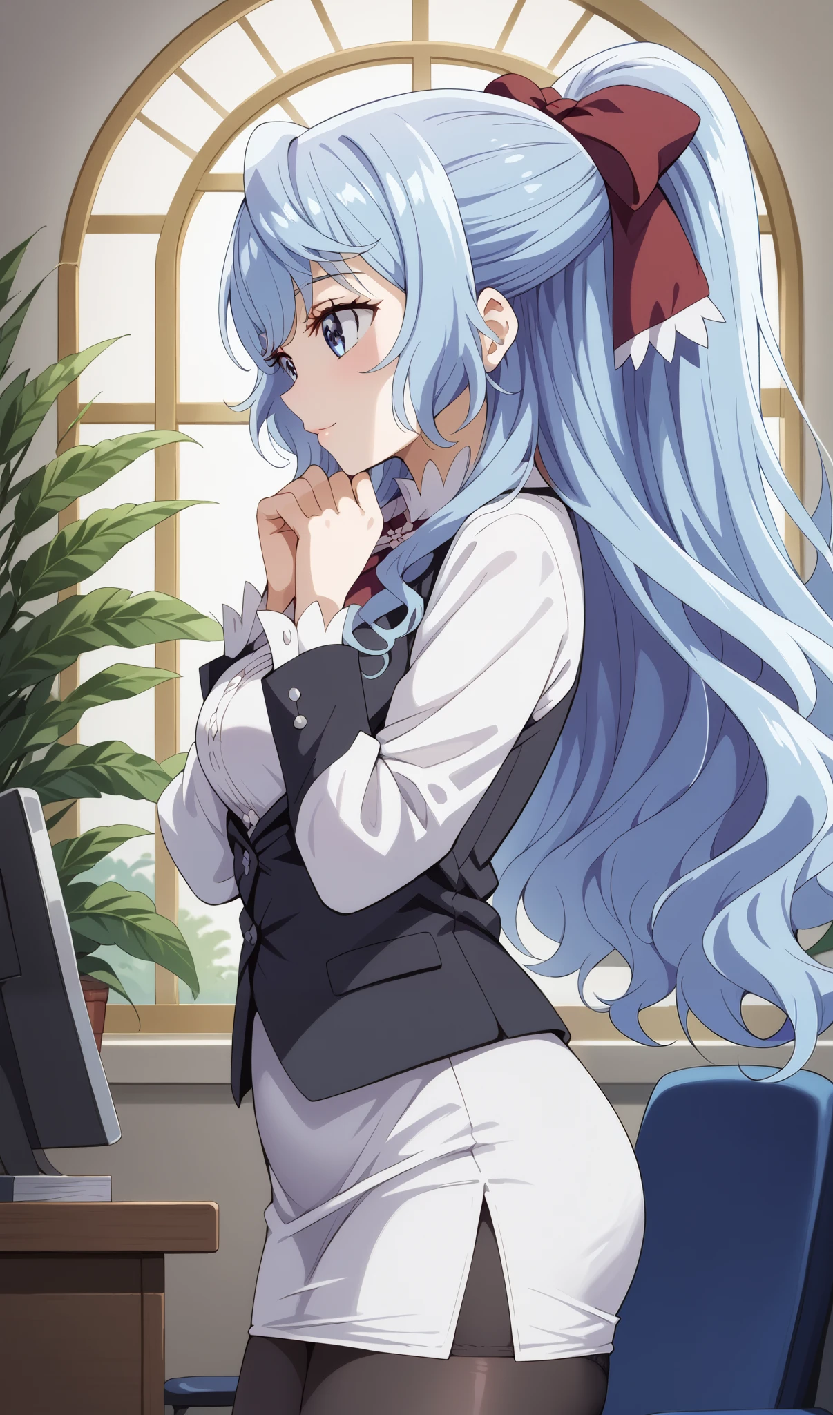 score_9, score_8_up, score_7_up, source_anime, 4K,perfect fingers,(perfect hands, perfect anatomy),prefect lighting, very aesthetic, intricate details,highly detailed background, masterpiece, high quality, best quality,
1girls,solo, liselotte cretia, long hair, blue eyes, blue hair, ponytail, hair bow,  large breasts,,
wearing ((office lady,White dress shirts, white pencil skirts、black vest、Black pantyhose、Stylish panties、White panties)),,
Standing,side view,arms on chin,