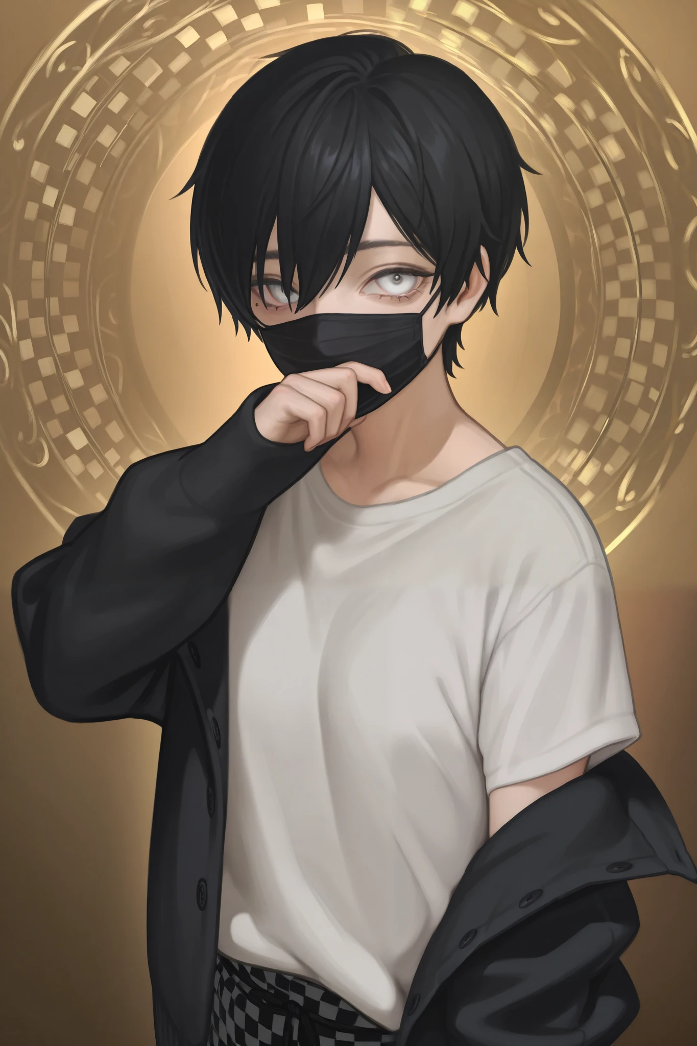 , detailed description of the image :

The picture is an anime-style drawing of a character with messy black hair, and white eyes without pupils, giving her a mysterious look. The character wears a black mask covering the mouth and nose, and is written in gold letters "md".

Clothes:

A short-sleeved shirt that combines black and gold.

The left half of the shirt has a gold and black checkered pattern, while the right half is completely black.

On the right side of the chest, written in gold letters "md KOOBRA".

The collar and buttons are black.


 costumes :

لون  costumes  ذهبي مسطح، متناسق مع ألوان التصميم العام للشخصية.

