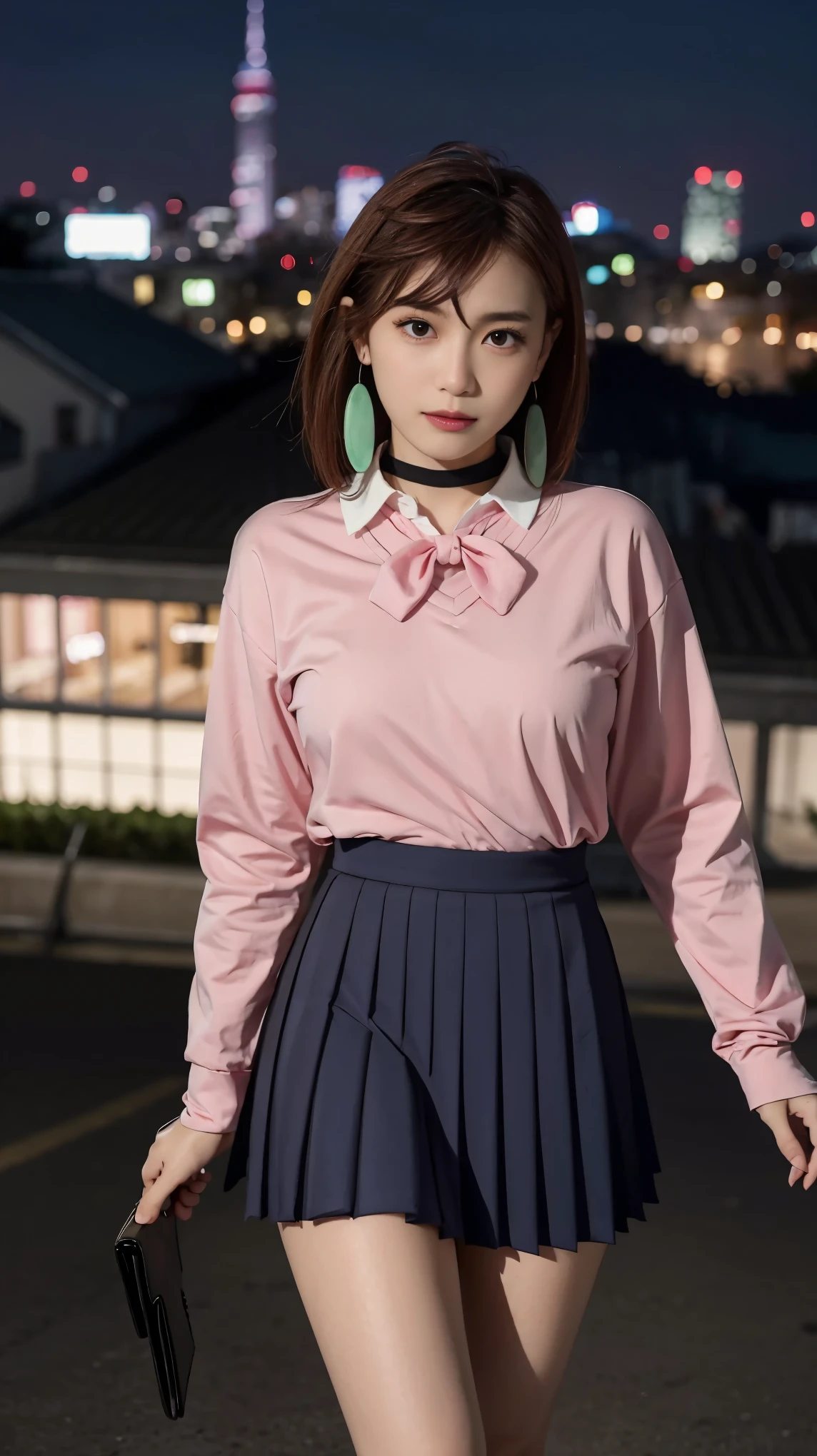 extremely high quality photo, Momo Ayase, sharp focus, realistic, source_photo, proper alignment, young Japanese model, cafe setting, city at night background, glamorous, sexy, seductive, portrait, detailed face, smiling, Shy, ayase_wz, medium hair, brown hair, brown eyes, large breasts, chocker, choker, red bowtie, (pink cardigan:1.2), long cardigan, long sleeves, blue skirt, pleated skirt, school uniform, short skirt, earrings, loose socks, white socks