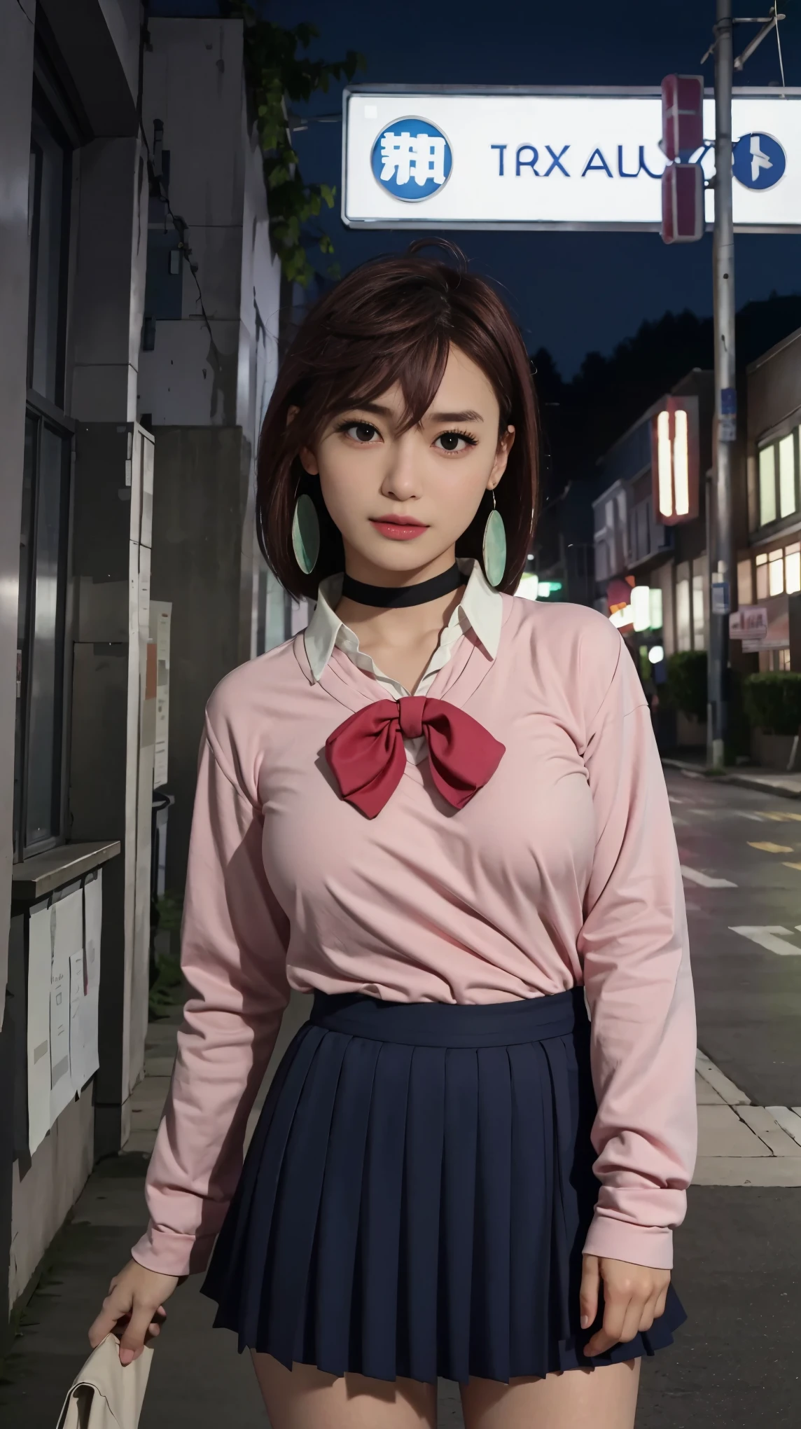 extremely high quality photo, Momo Ayase, sharp focus, realistic, source_photo, proper alignment, young Japanese model, cafe setting, city at night background, glamorous, sexy, seductive, portrait, detailed face, smiling, Shy, ayase_wz, medium hair, brown hair, brown eyes, large breasts, chocker, choker, red bowtie, (pink cardigan:1.2), long cardigan, long sleeves, blue skirt, pleated skirt, school uniform, navy short skirt, earrings, loose socks, white socks