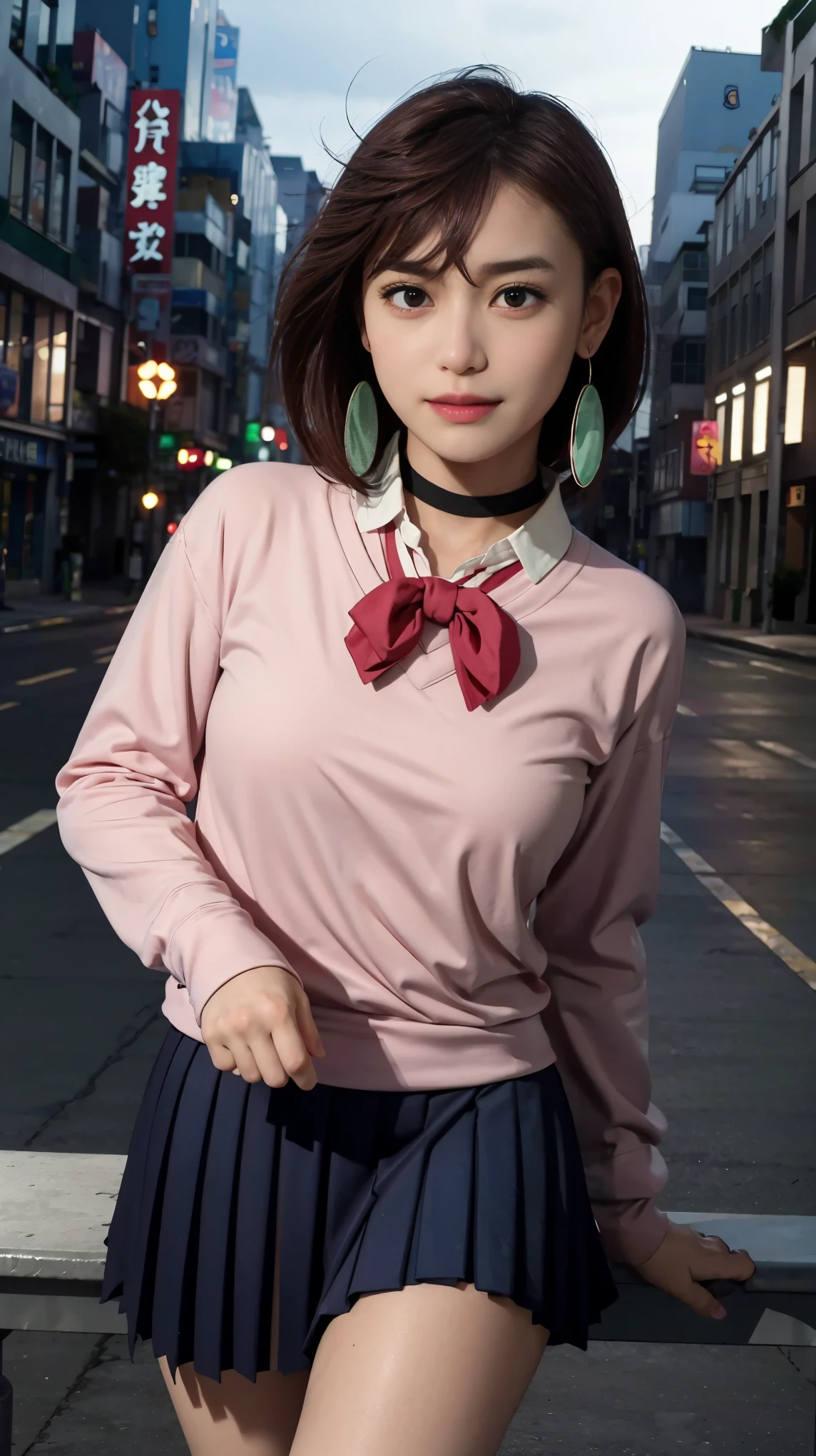 extremely high quality photo, Momo Ayase, sharp focus, realistic, source_photo, proper alignment, young Japanese model, cafe setting, city at night background, glamorous, sexy, seductive, portrait, detailed face, smiling, Shy, ayase_wz, medium hair, brown hair, brown eyes, large breasts, chocker, choker, red bowtie, (pink cardigan:1.2), long cardigan, long sleeves, blue skirt, pleated skirt, school uniform, navy short skirt, earrings, loose socks, white socks