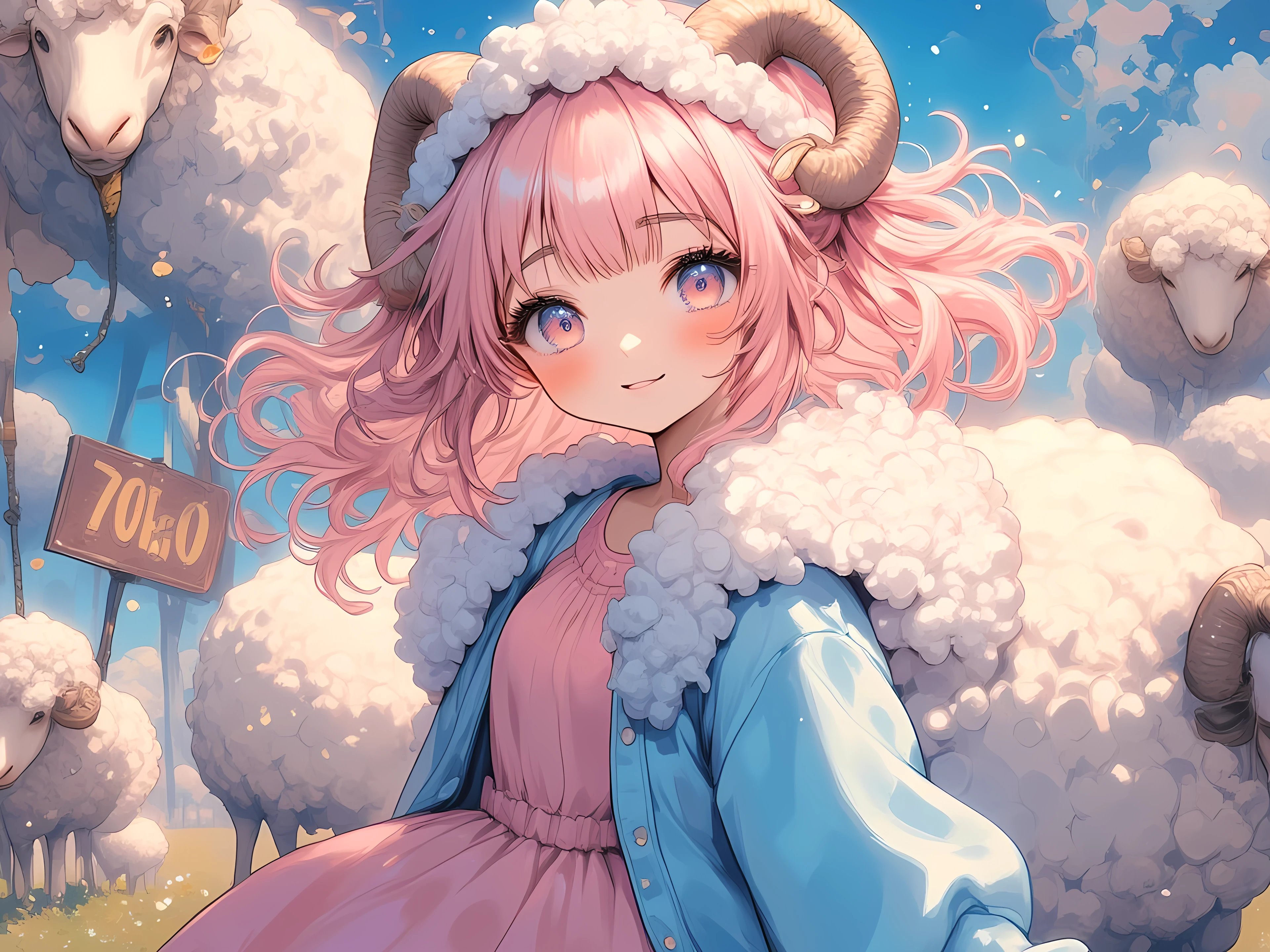 (masterpiece, best quality, extremely detailed, absurdres, very aesthetic), dutch angle, cowboy shot, (highly detailed background, lighting), (sheep girl\super detailed skin, detailed beautiful face and eyes, Big and soft anime eyes, Thick eyebrows:1.1,Fluffy long hair like a sheep's wool, pink hair, Each and every strand of hair is depicted in detail, Sheep's round horns, smile), jwel, Pink dress, sky blue cardigan BREAK Natural elements, fantastical features, light and shadow effects, color and atmosphere, "70k" sign\huge