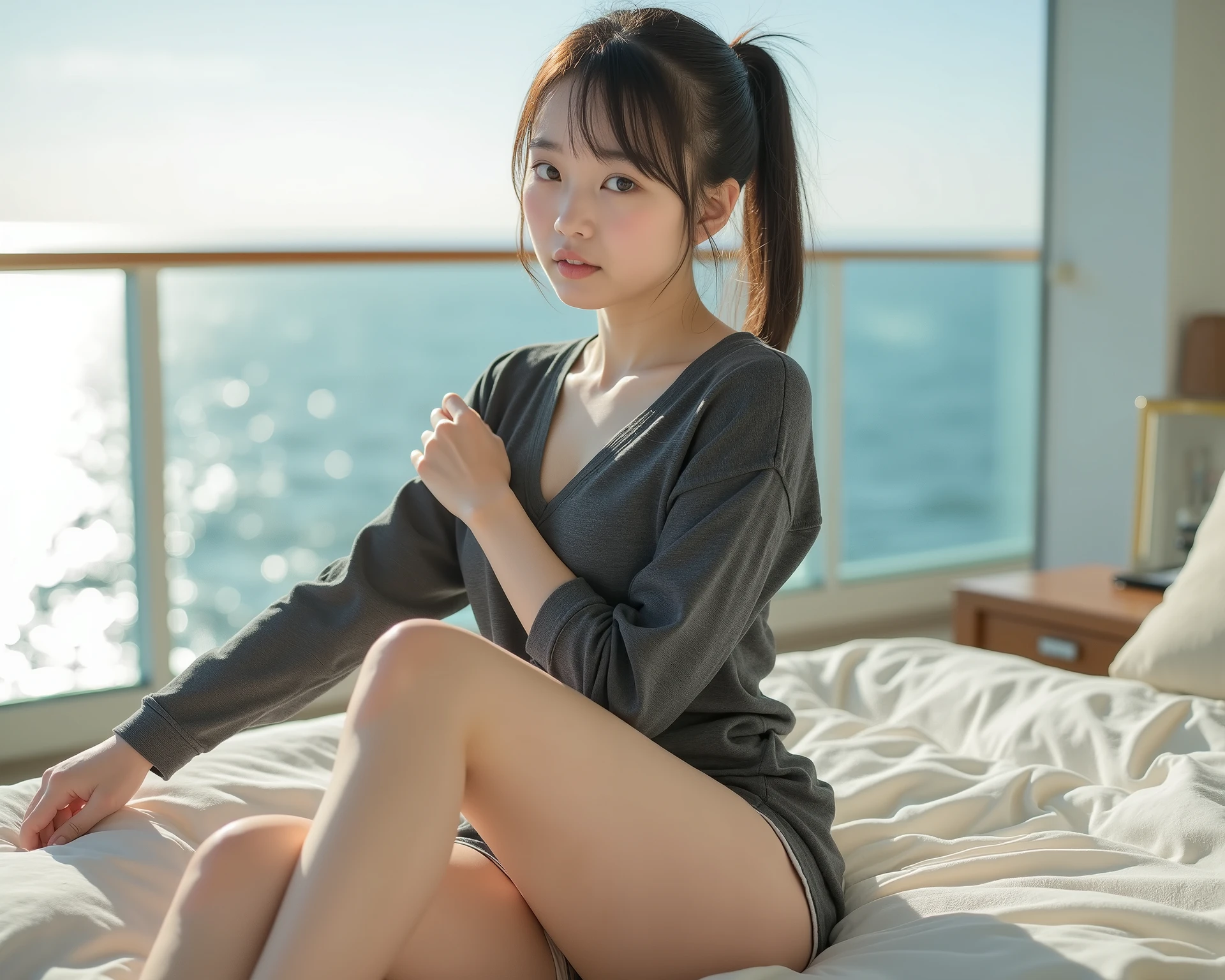 portrait photo ,masterpiece, nsfw,8k, full body shot , shooting from front,top deck of cruise ship, with a view of the shining sea,( 1 girl, Japanese junior highschool Diminutive Standard Petite Fresh Body ,148 centimeters Height , no makeup,pale skin),((Head to body ratio 1 :5.5:1.2)), (Hip to shoulder ratio 1.2:1),( flat chest, narrow shoulder,Wide pelvis,tiny ass,thick toned legs,thick curvy short thighs), Sensual Poses ,toe up,lying on bed and opening legs, (Flirtingly lifting her skirt to show her panties), barefoot, focus on thighs ,
black hair, (( Two-tone highlight hair ,streak hair in honey brown )),short straight ponytail with bangs ,(Young Face, Round face,droopy eyes, hazel eyes, look loving), wearing a long sleeve very tight charcoal gray t-shirt,deep v-necked,light cream color tight sweat shorts,85mm, Official AR RAW photos ,( exist Ultra Detailed),best quality,Chromatic aberration, anatomically correct ,Textured Skin