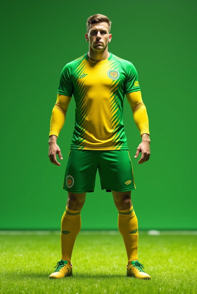 football shirt main color green (not so dark) with yellow and white details.
Green on the sleeves, Yellow and white details on the chest.