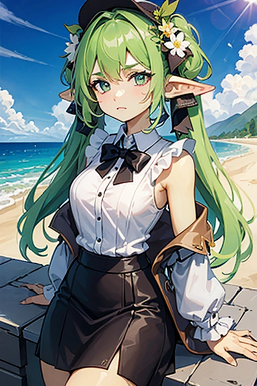 1 Girl, closed eyes, nose, elf ear, eyebrow, smiling, teeth, big green hair, dyed nape blue, bangs, hair between eyes, Watery Big Eyes Sukumizu Wet Hair Hair Spread Out Ear Stud Swimming Pool, lora :add_detail, short tummy sweatshirt, short skirt, slim waist, tummy, big chest, thick legs, big thighs, standing