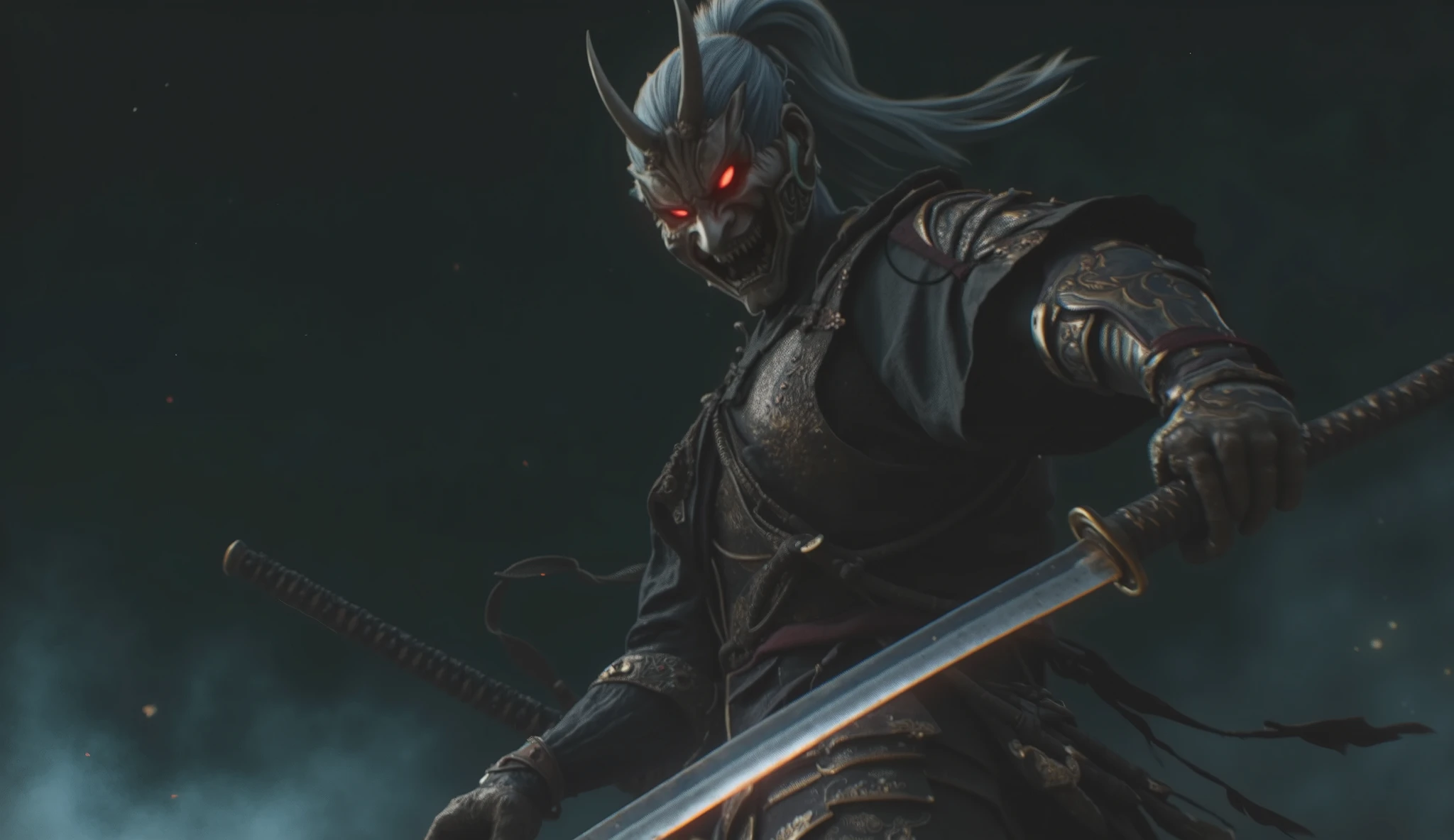 a man in a samurai armor, intricate detailed armor, scowling expression, fierce eyes, katana sword drawn, action pose, dynamic motion, sekiro: shadows die twice, isshin the sword saint boss fight, cinematic lighting, epic fantasy, dark moody atmosphere, dramatic colors, vibrant colors