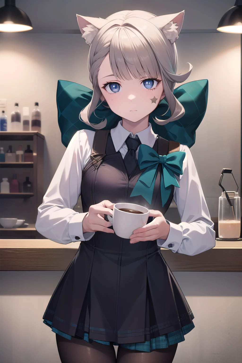 Lynette, Lynette, fur with animal ears , Animal ears, cat ears, facial mark , hair bow , ( purple eyes :1.1, brown hair, A star , A star on cheek,
РАЗБИТЬ bow, green bow , long sleeves , tights, фартук
РАЗБИТЬ looking at viewer,
BREAK indoors, coffeeйня, tables, bar counter, is behind the checkout, coffee, cup, barista, at the table
SMASH ( masterpiece:1.2), background, high resolution , unity 8k обои, (illustration:0.8), ( beautiful , expressive eyes :1.6), extremely detailed face, perfect lighting , extremely detailed CG , (perfect hands, perfect ),