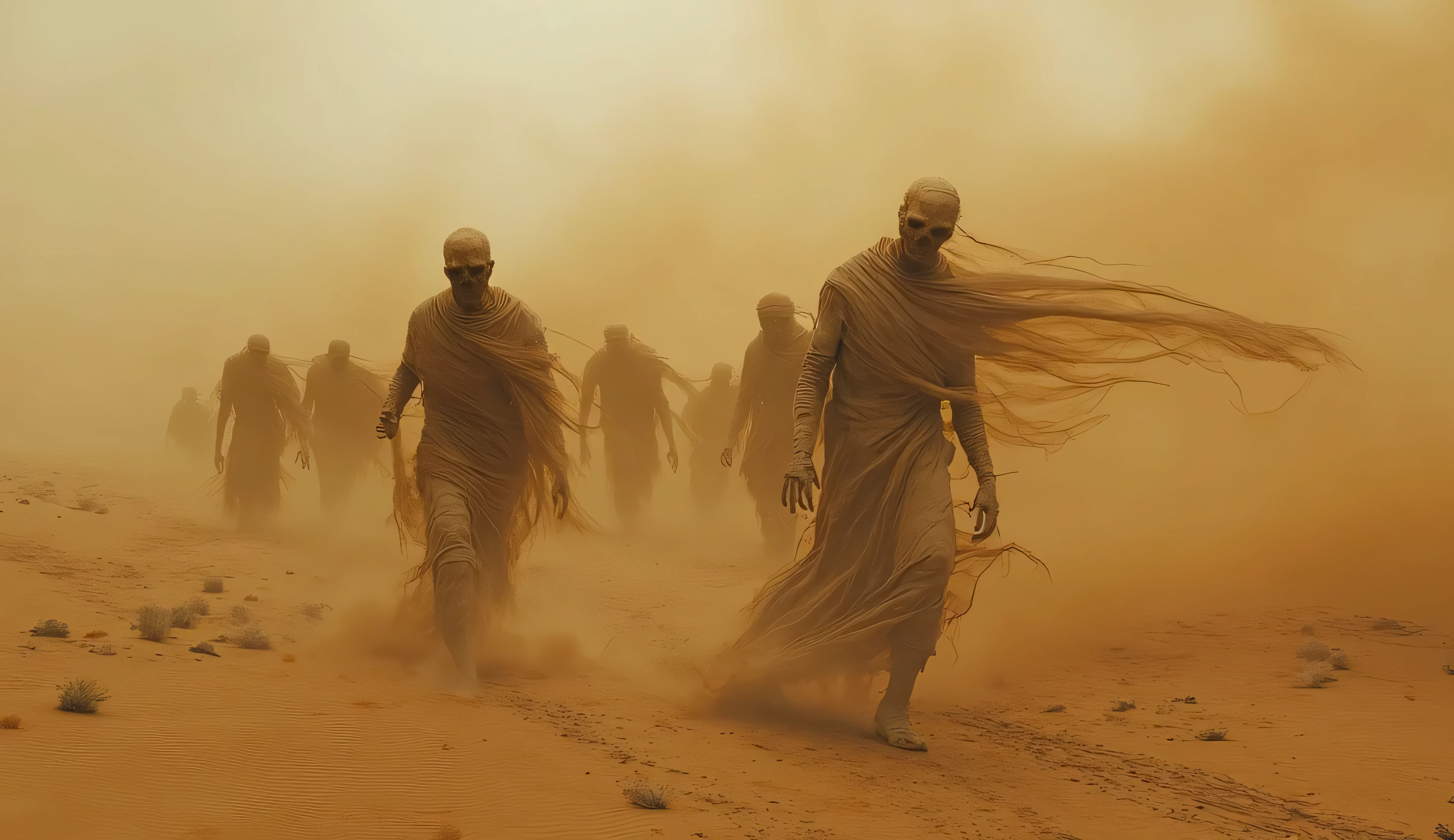 Mysterious mummies are walking through the desert. A sandstorm. Horror