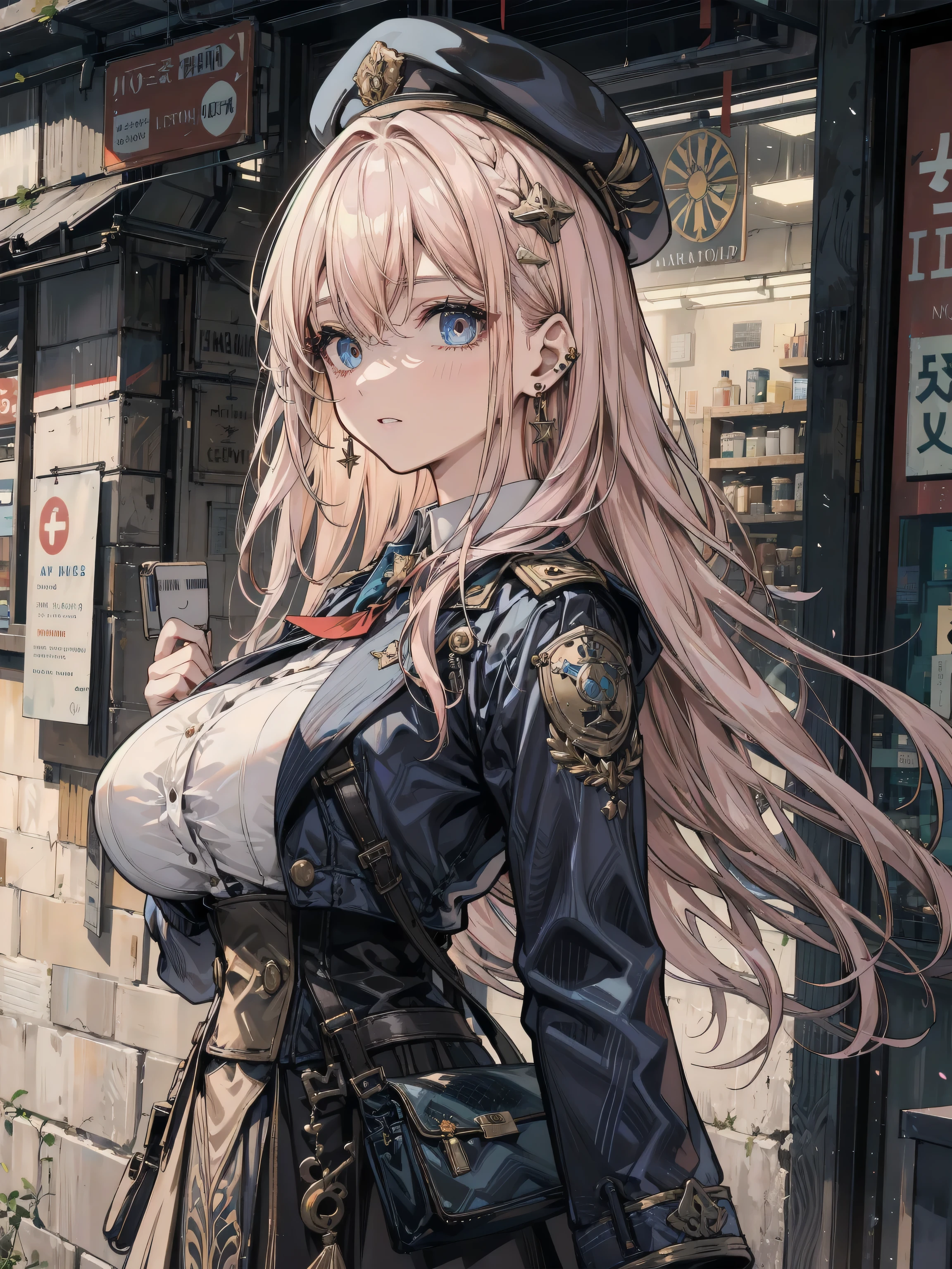 Anime girl with long pink hair and a hat standing in front of a store ...