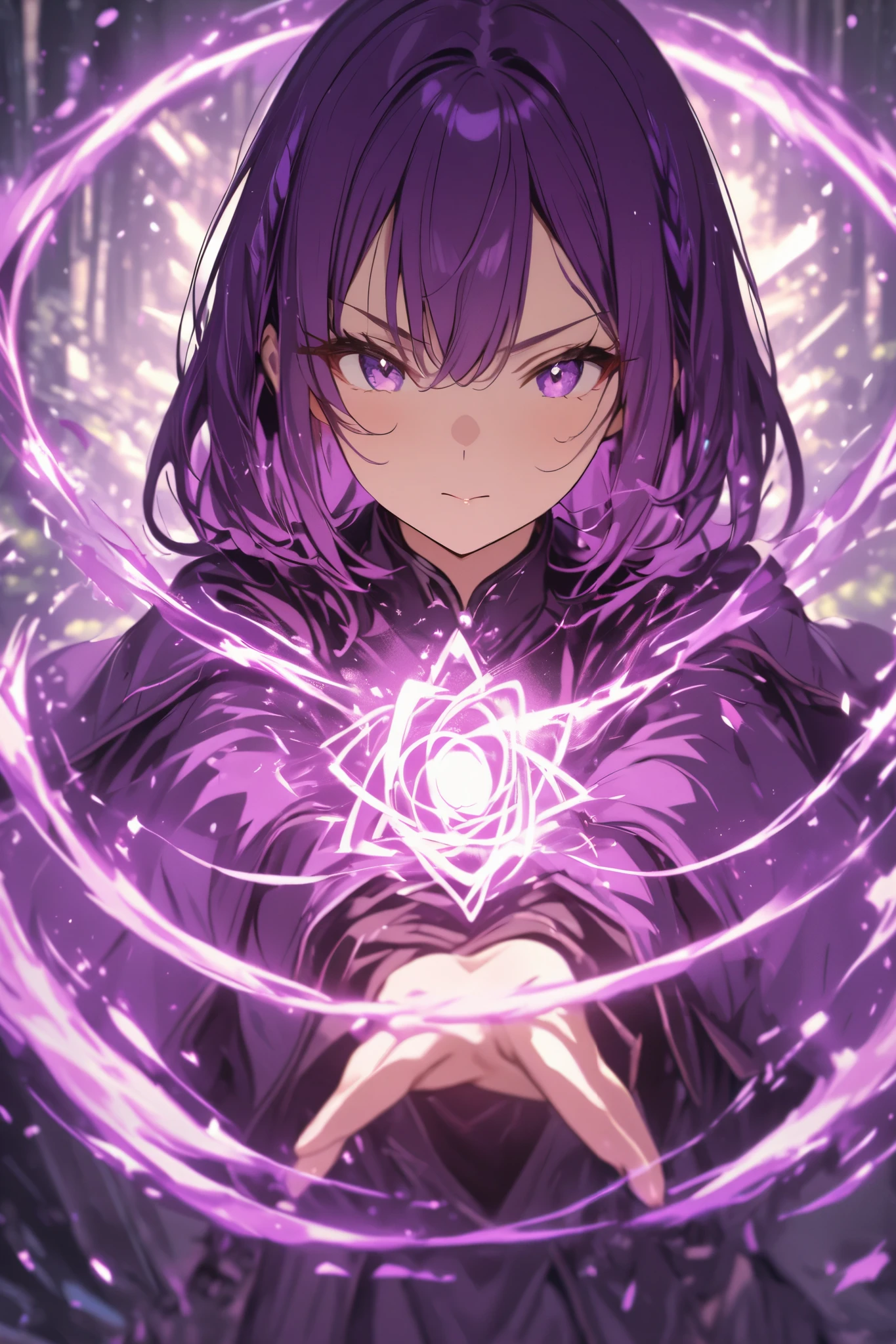 A girl with dark purple hair presenting a magic focus