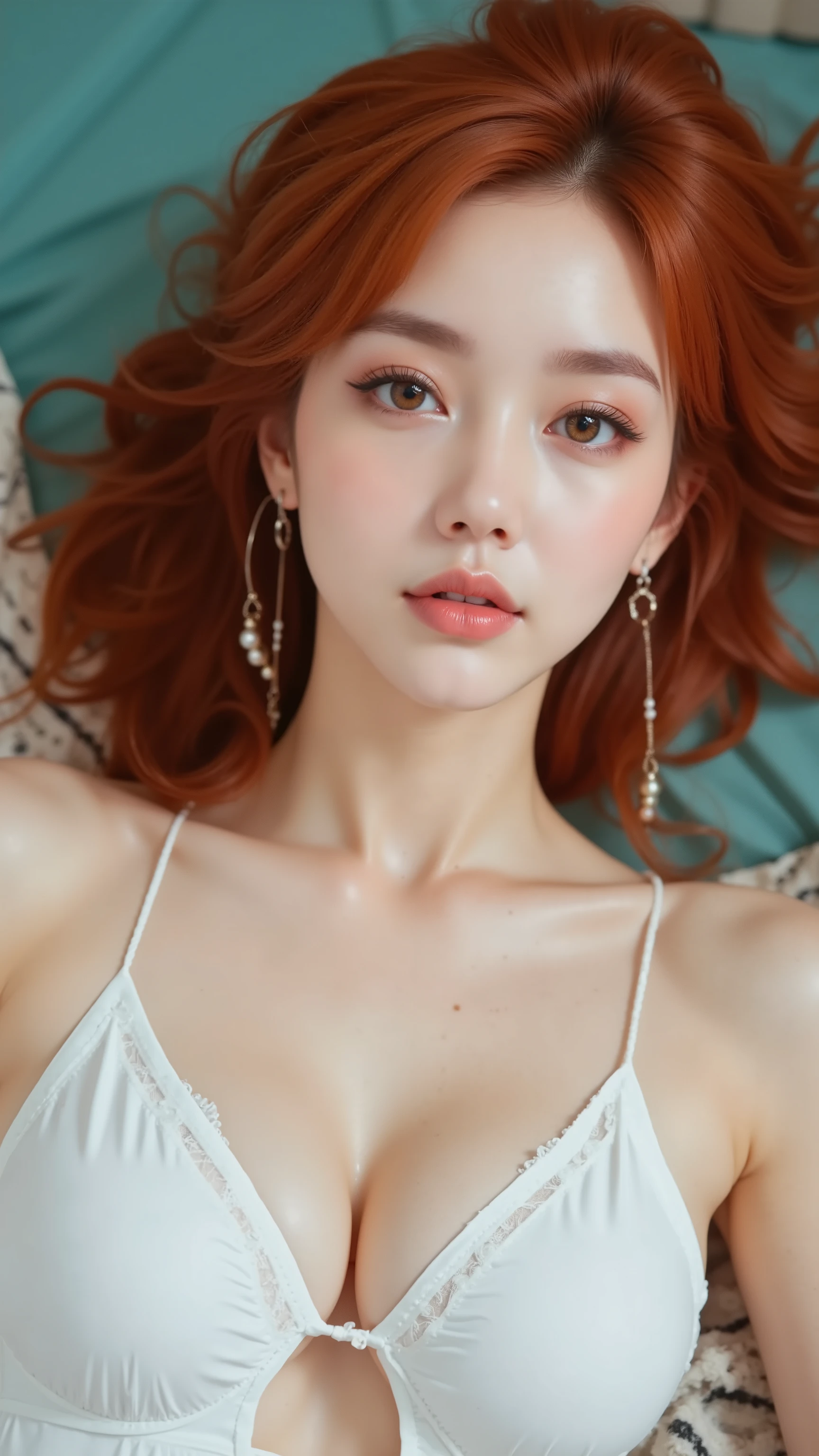 8k, masterpiece, highest quality, Korea's Beautiful Women, High angle, close-up, red hair, freckles, white skin, white material, face, neutral expression, camisole, comfort, lying down, teal floor background, striped fabric.