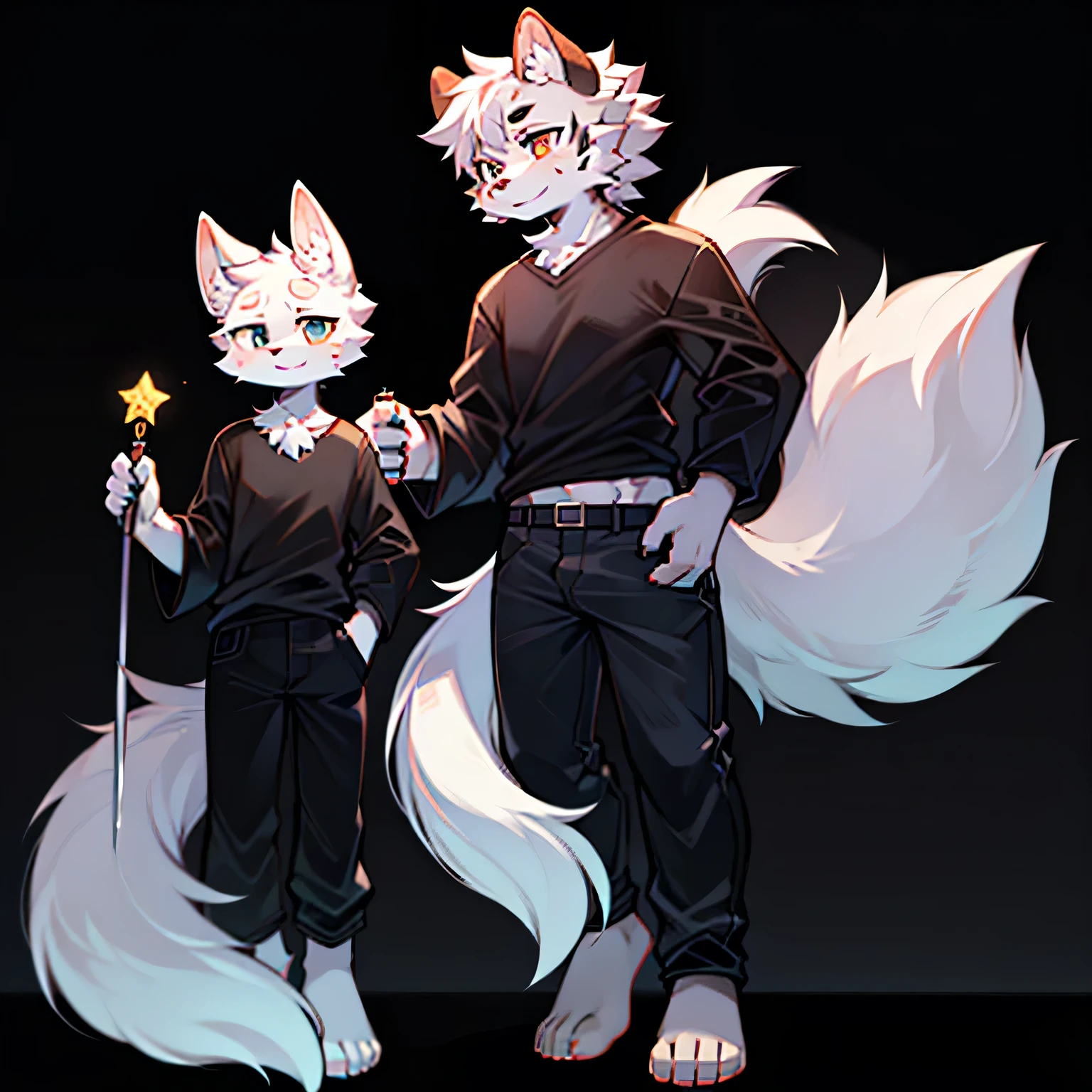Um Furry Raposa, Being male, With White Fluff , Being a ager and Also Being Tall and Thin, having legs , Middle tail , Having a black scar on his right eye and right arm and his eyes having a white pupil and a black lens with a small spindle and a white background with black stripes, wearing a black shirt with a small sword symbol on the shirt and also wearing black pants and he's barefoot and he's standing a little sideways holding a 4-dot star with the color white