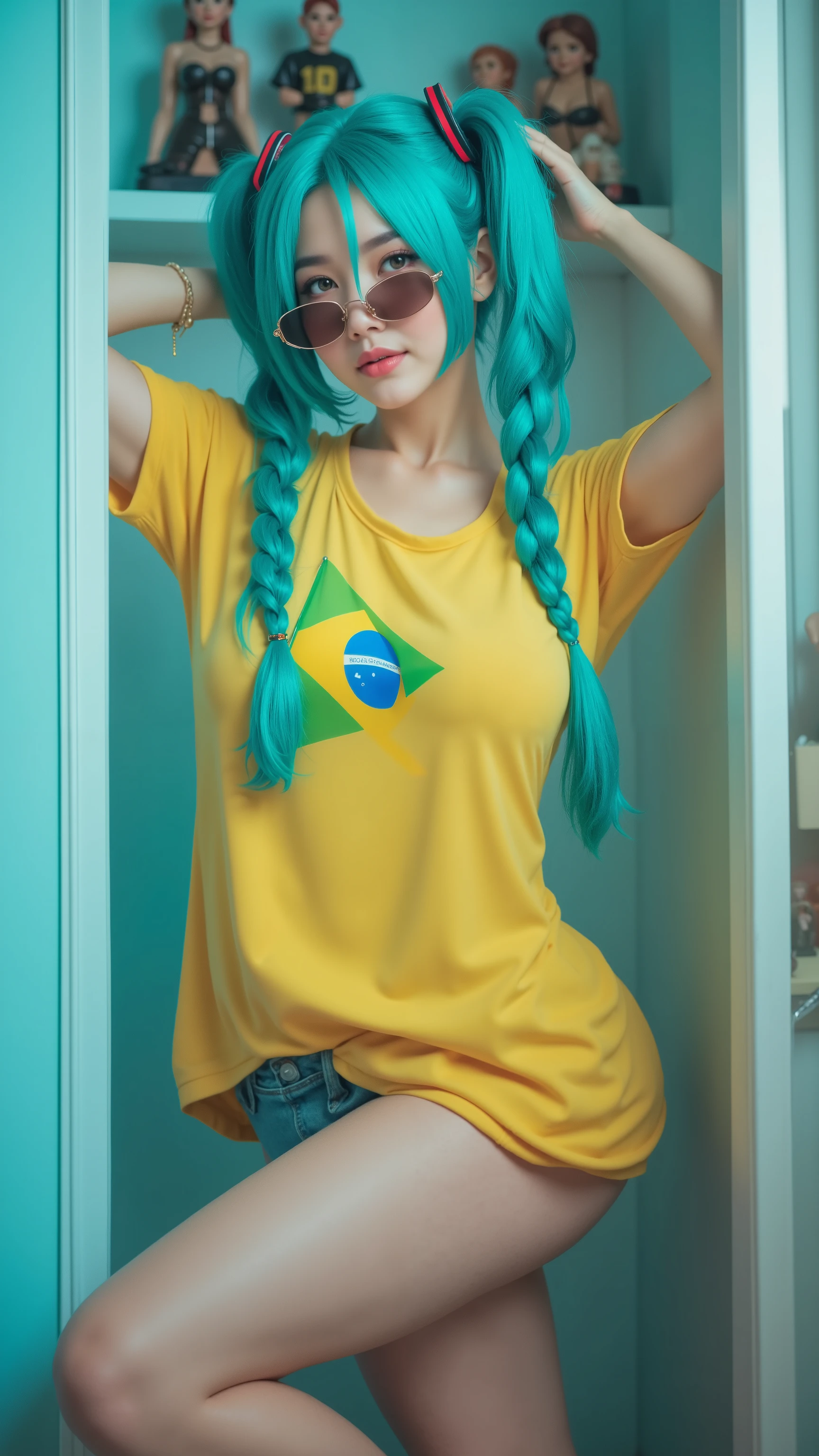 8k, masterpiece, highest quality, Korea's Beautiful Women, Eye-level viewpoint. Hatsune Miku cosplay. Teal wig. Twintails. Yellow shirt. Brazilian flag. Denim shorts. Sunglasses. Playful pose. Slight bend in leg. Arms partially raised. White door. Figurines. Shelf. Soft lighting. Teal hue. Simple background.