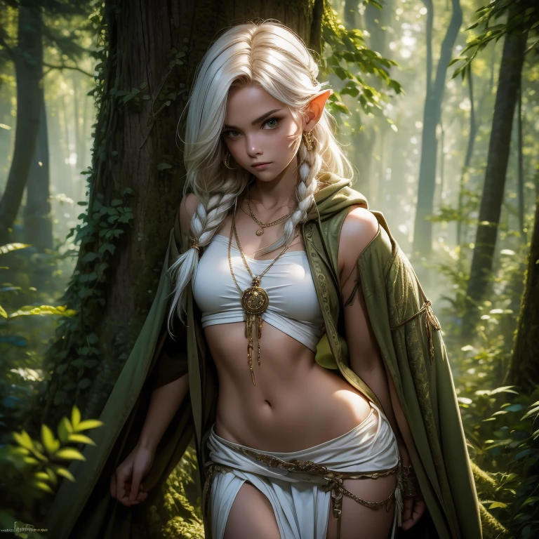 Druid female elf with white hair, pale skin, grey eyes, bow and arrow, in the celestial forest