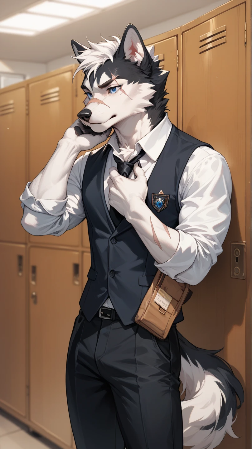 Legoshi is a tall, lean gray wolf, fur on his body is bluish gray, while his face, neck, and chest fur are a cream color, wearing a indigo vest, a dark gray tie, black suspenders, gray pants with dark gray vertical stripes, and brown loafers, anthro wolf, male, adult, muscles, grey fur, buffed body, tail, sexy, beefy body, furred body, furry chest hair, realistic, full body, photorealistic, ultra realistic, 8k, night, bare-chested, in back turned posing, sexy butt, fluffy ass, sexy butt