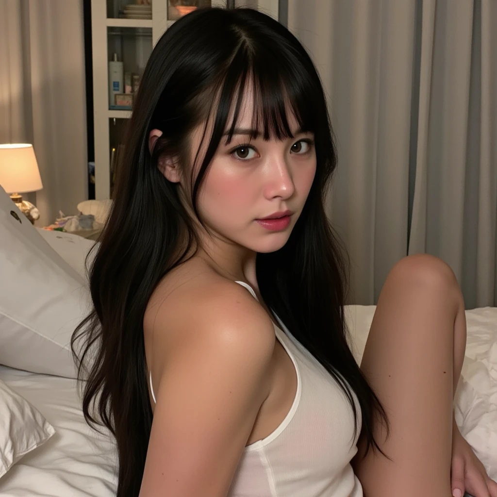 (Best quality, 8k, 32k, Masterpiece, UHD:1. woman) brunette haired woman JKT 48 adel, naked and big , naked and legs are open, pussy is wet, sitting on the bed