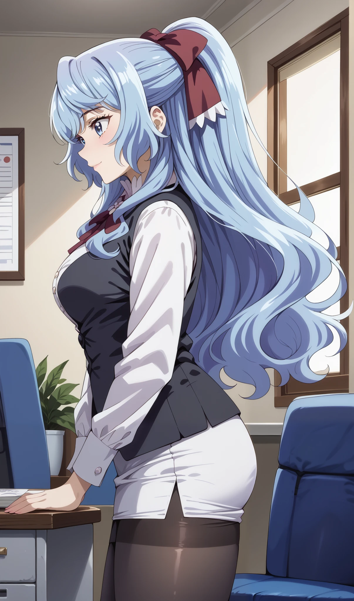 score_9, score_8_up, score_7_up, source_anime, 4K,perfect fingers,(perfect hands, perfect anatomy),prefect lighting, very aesthetic, intricate details,highly detailed background, masterpiece, high quality, best quality,
1girls,solo, liselotte cretia, long hair, blue eyes, blue hair, ponytail, hair bow, large breasts,,
wearing ((office lady,White dress shirts, white pencil skirts、black vest、Black pantyhose、Stylish panties、White panties)),,
Standing,side view,((face looking at viewers:2.0)),