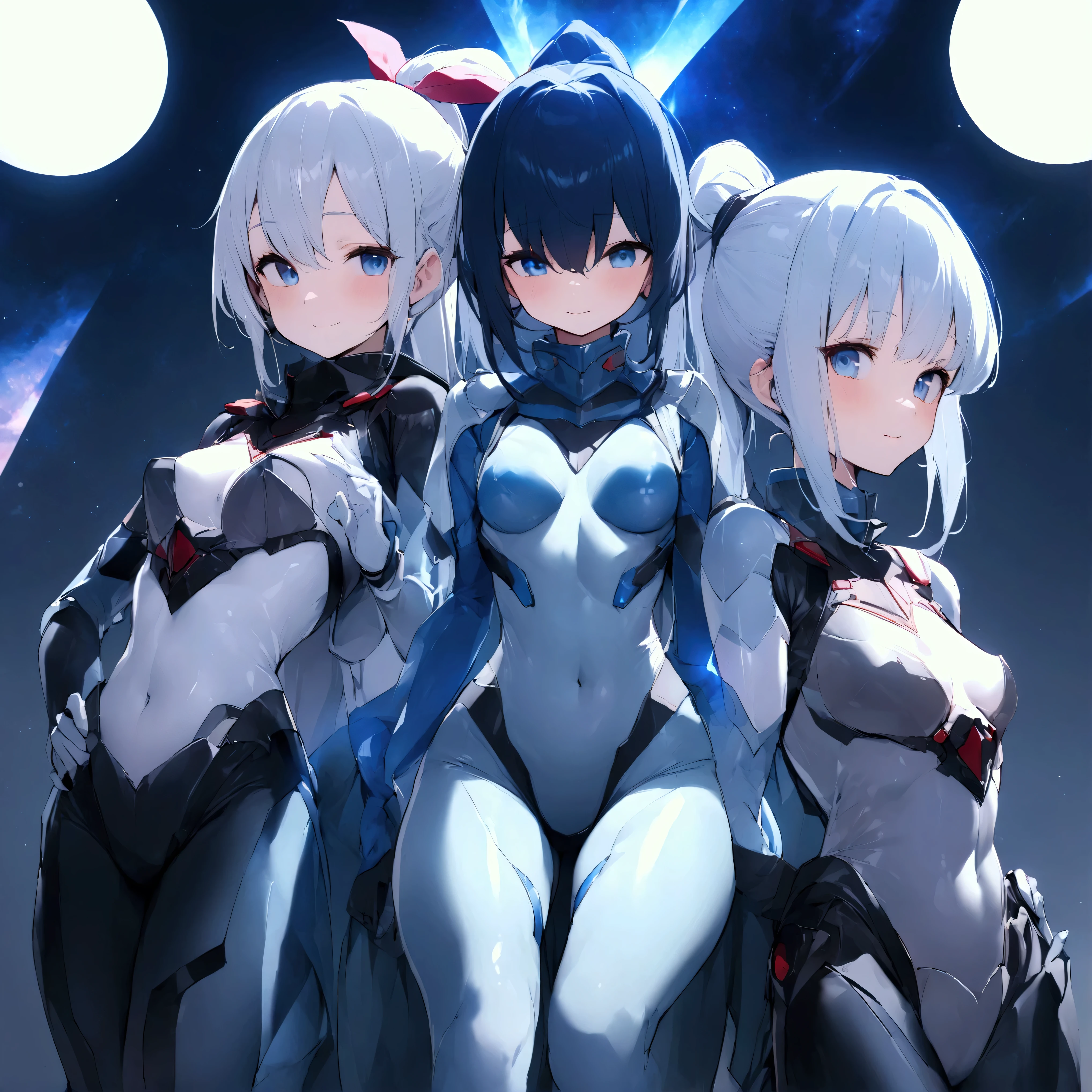 three anime girls in black and white outfits with red and blue hair, anime girls, perfect android girl family, oppai cyberpunk, thicc, ecchi anime style, biomechanical oppai, ecchi style, oppai proportions, perfect android girl, ecchi, anime character art, gynoid body, oppai, nier inspired, style anime, anime waifu, Beautiful eyes, draw eyes better