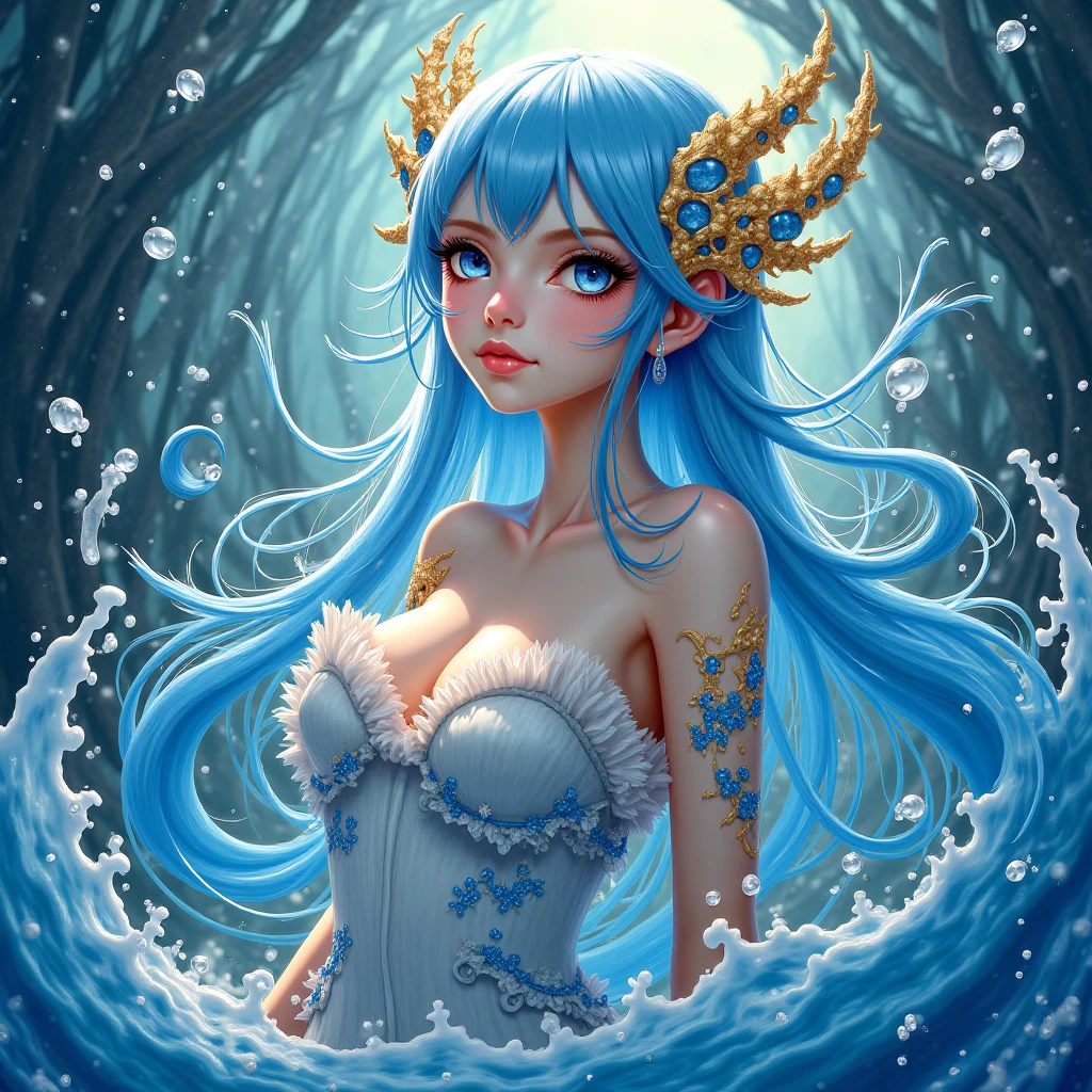 Undine, the Aquatic Tempest, captivates as an ethereal being entirely composed of flowing water. Her fluid form, standing at 5'6" (167 cm), constantly ripples and shifts, reflecting cerulean, aquamarine, and crystal clear hues. Deep, radiant eyes mirror the tranquil depths of the ocean, exuding an aura of calmness and mystery. Undine embodies the power and fluidity of water, an enchanting entity that stands as a captivating and enigmatic character within your TCG game, targeting a mature audience seeking the allure of an aquatic tempest.