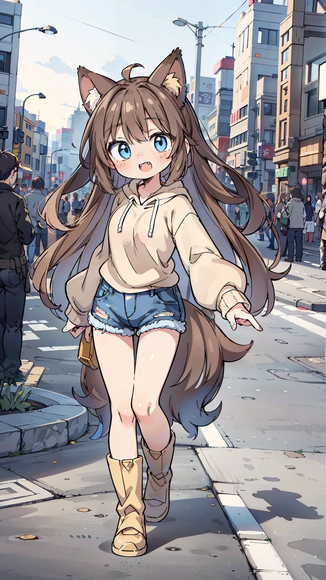 anime style、 fox ears、 woman、blue eyes brown hair、 beige hoodie 、 denim、 boots、 double teeth、