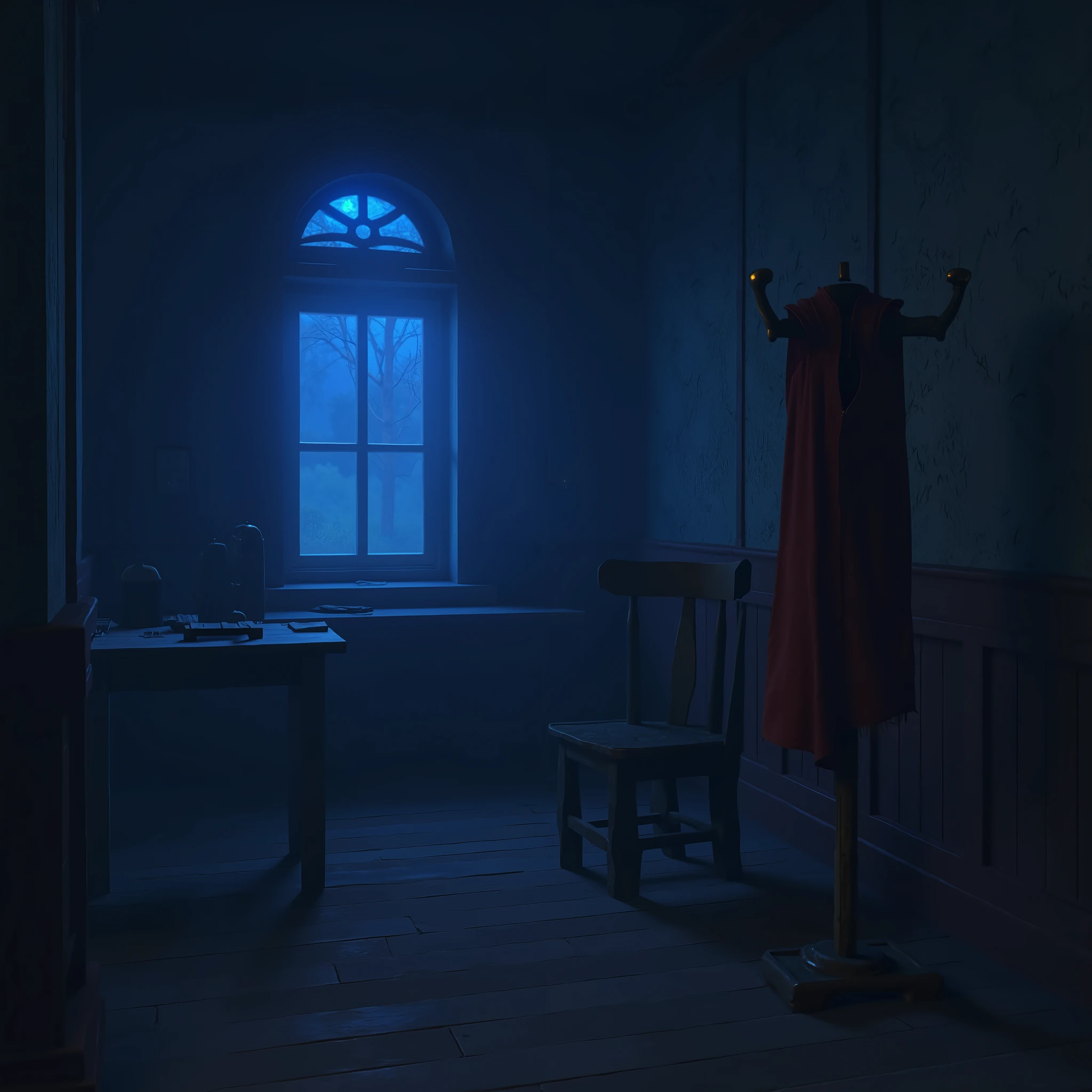 A small room . A blue glow , and there is a table and chair near the window . There is an armor rack near the table, is emitted from the window with a red cloak . The room is dusty .