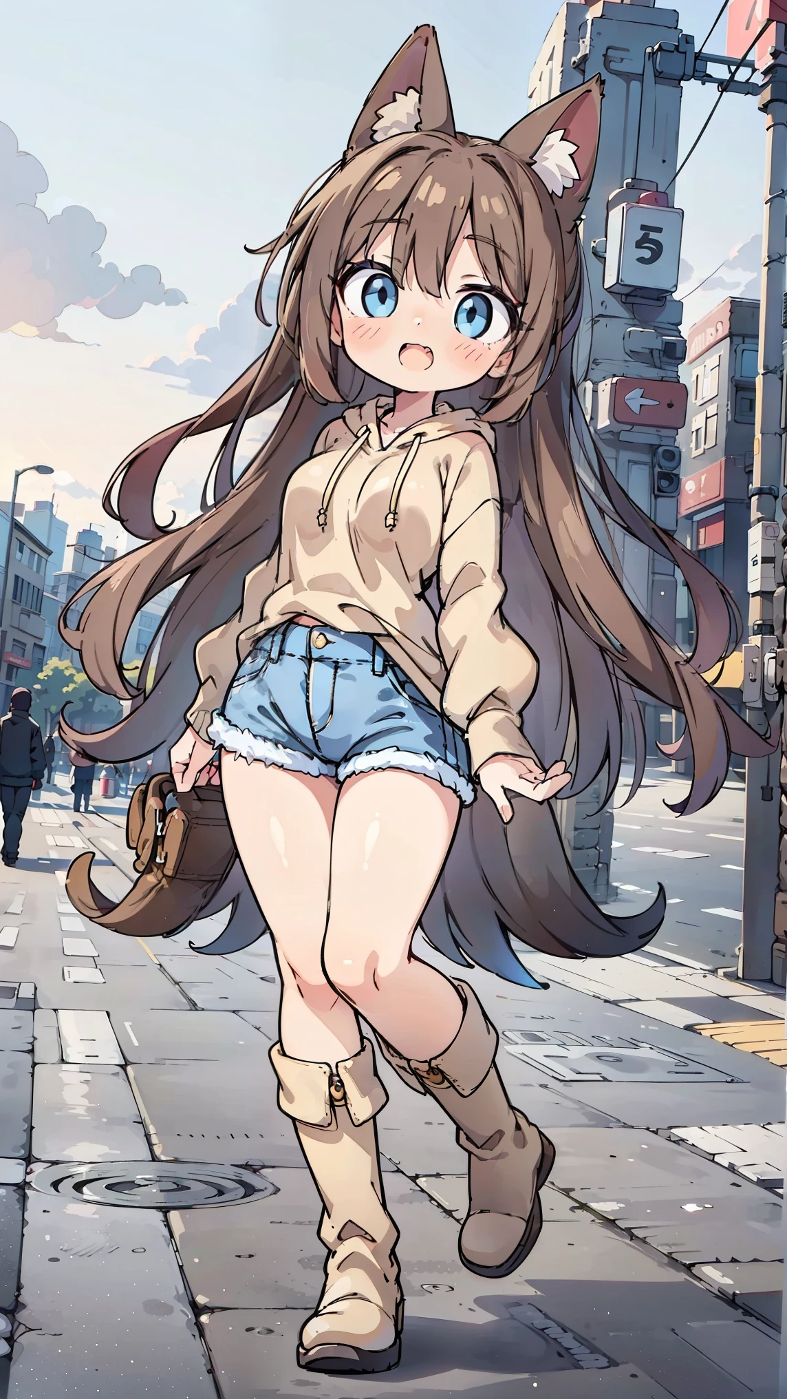 anime style、 fox ears、 woman、blue eyes brown hair、 beige hoodie 、 denim、 boots、 double teeth、
