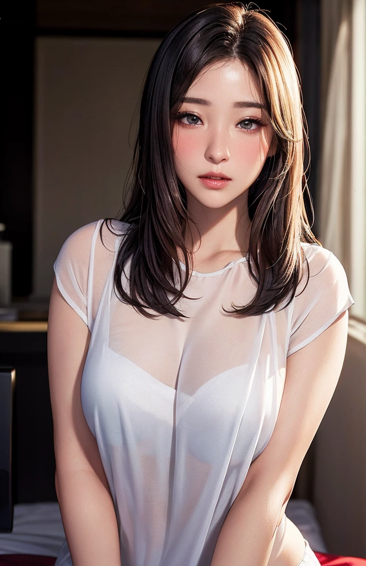 (masterpiece, Highest quality:1.2), One girl, alone,bony body、15 years old、(masterpiece, Highest quality:1.2), One girl, alone,bony body、15 years old、master piece , best quality , detailed , (woman face) , (breast hold:1.4) , t-shirt ,, room , indoor