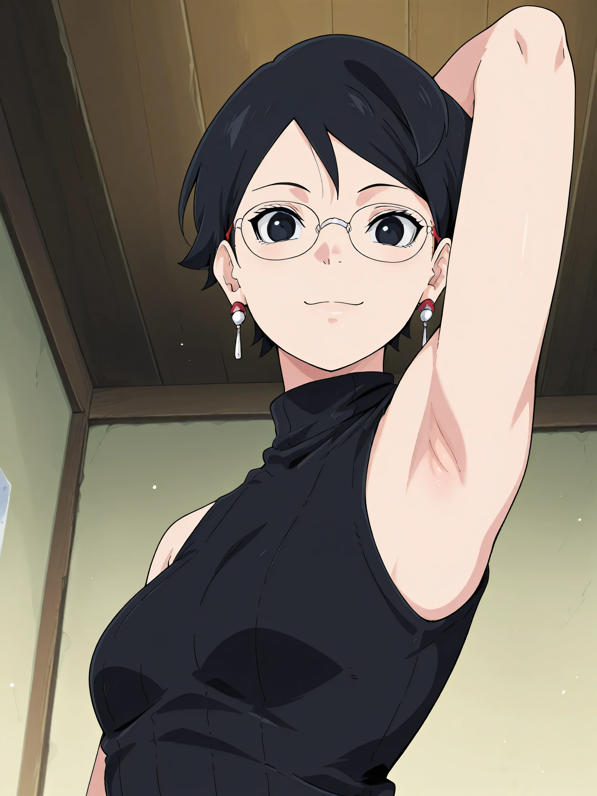 masterpiece, best quality, amazing quality, anime screencap, 1girl, solo, Sarada Uchiha, black hair, short hair, black eyes, glasses, earrings, black sweater, sleeveless sweater, ribbed sweater, turtleneck, arm behind head, armpit, head towards viewer, looking at viewer, smile, closed mouth, indoors, from side, from below, armpit focus 