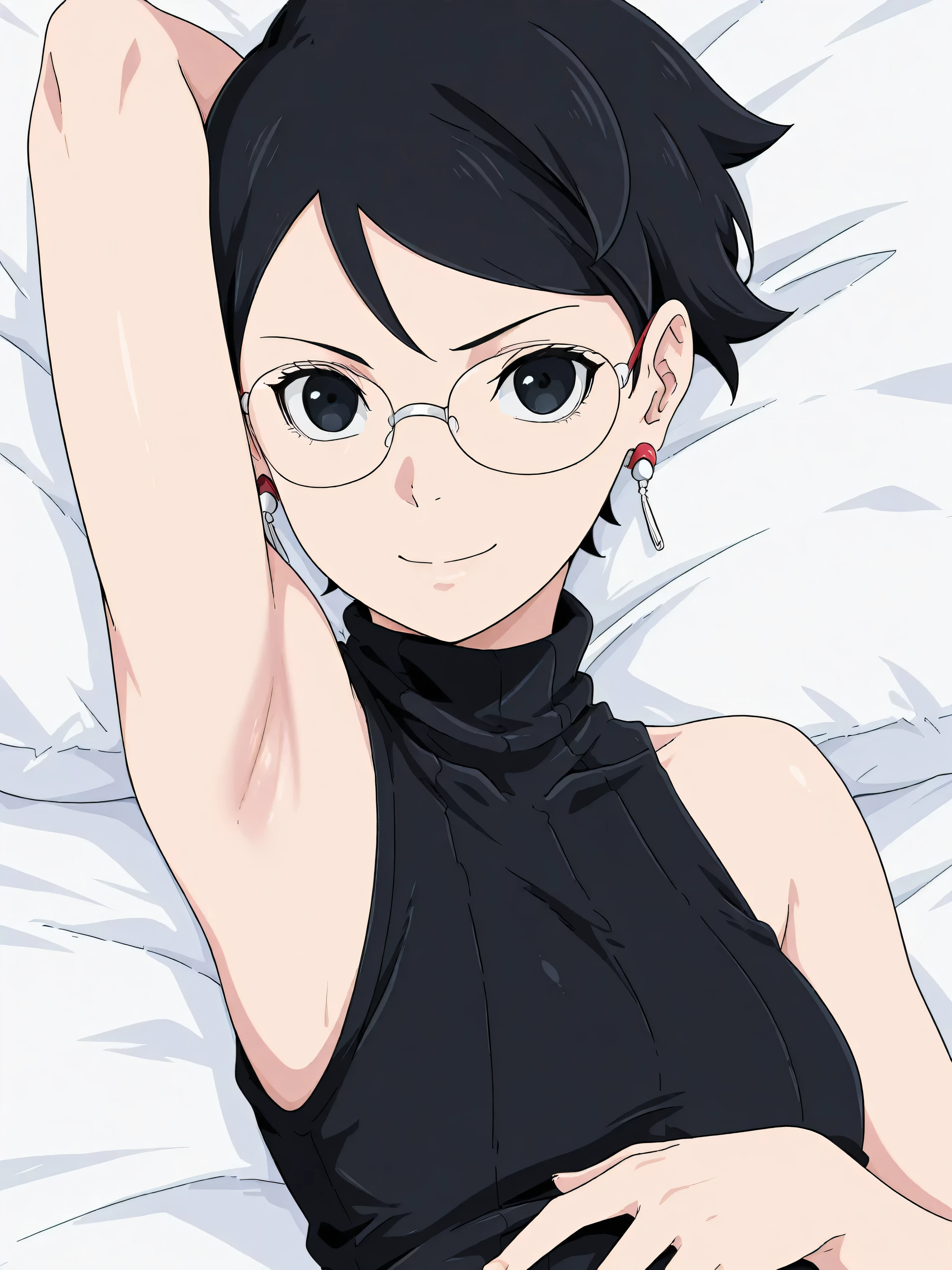 masterpiece, best quality, amazing quality, anime screencap, 1girl, solo, Sarada Uchiha, black hair, short hair, black eyes, glasses, earrings, black sweater, sleeveless sweater, ribbed sweater, turtleneck, arm behind head, armpit, head towards viewer, looking at viewer, smile, closed mouth, armpit focus, lying in bed