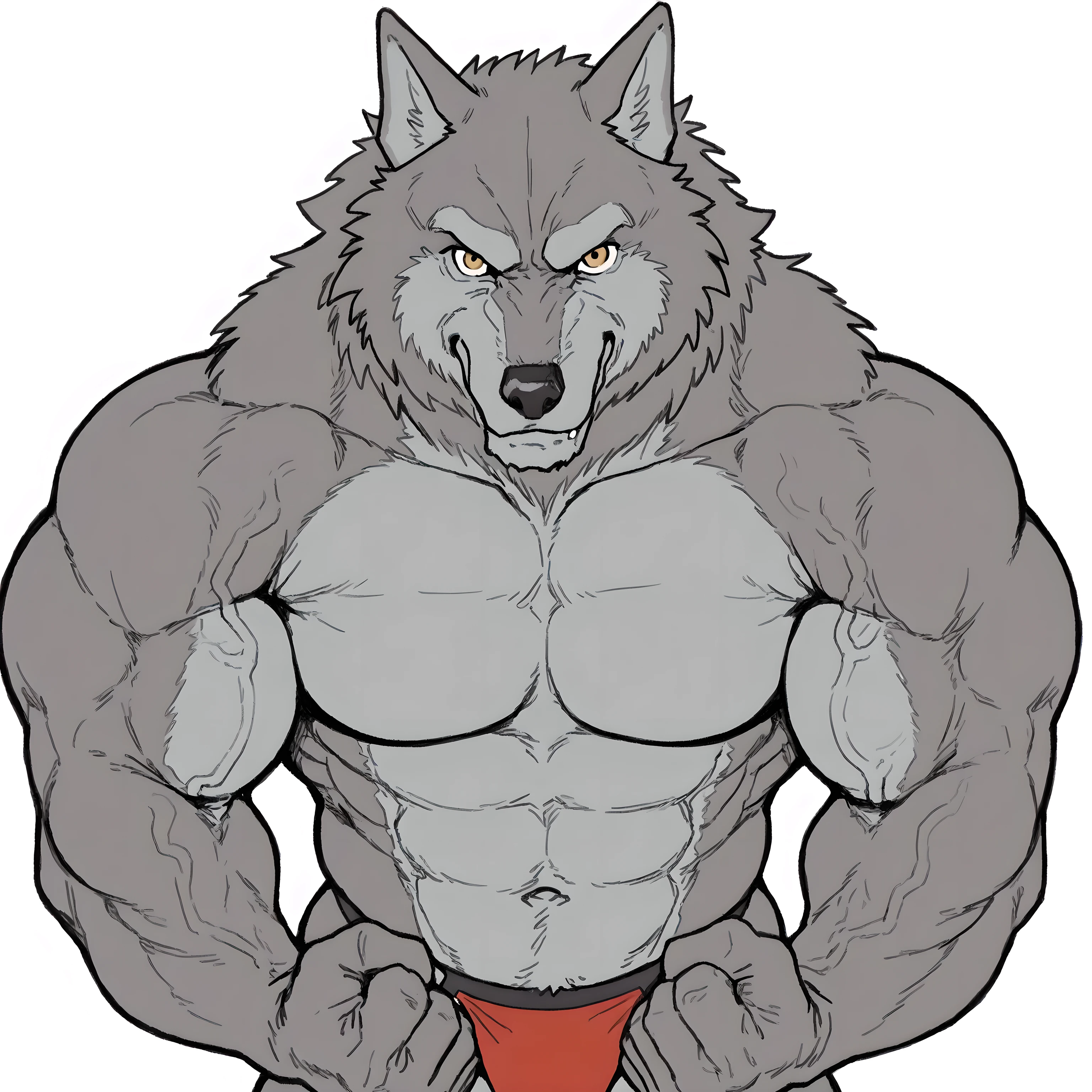 greyfus, wolf, flat color, male, very muscular, bulging muscles, simple background, looking at viewer, anthro, speedos, bare chest, half body, crab_pose, (bare chest), flexing, veiny biceps, bulging pecs, veiny pecs, stern face, bulging muscles