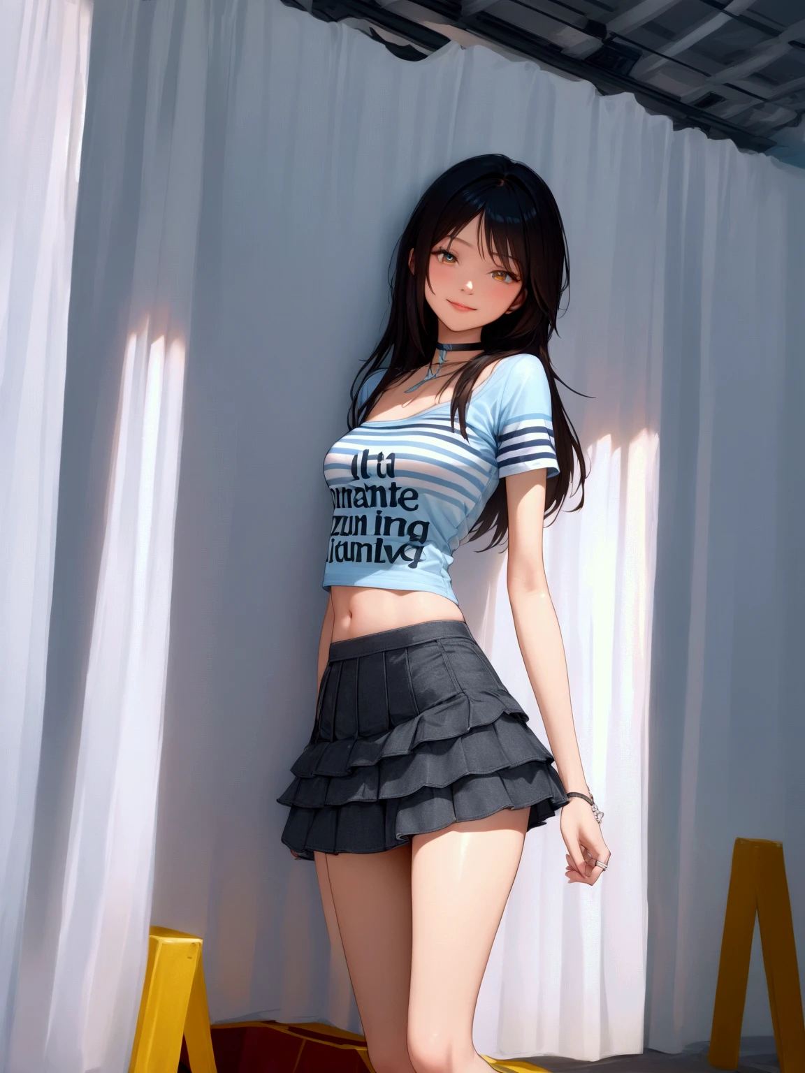 realistic anime illustration of beautiful young woman is posing and leaning against shophouse 's stainless hinged door, her shoulder touching the door, (1girl, solo, full body), (masterpiece, best quality, japanese anime style), (expressive eyes, perfect face, perfect anatomy)