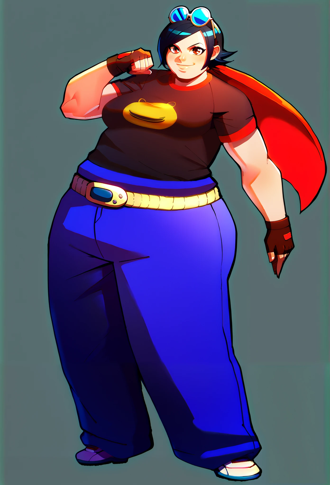 (best quality, top quality), masterpiece, best quality, 1girl, solo, dark skin, dark-skinned female, big hair, orange hair, blue headwear, blue_cap, brown eyes, ear piercing, smile, teeth, breasts, medium breasts, thick thighs, barefoot, luna nova , miniskirt, belt, full body,