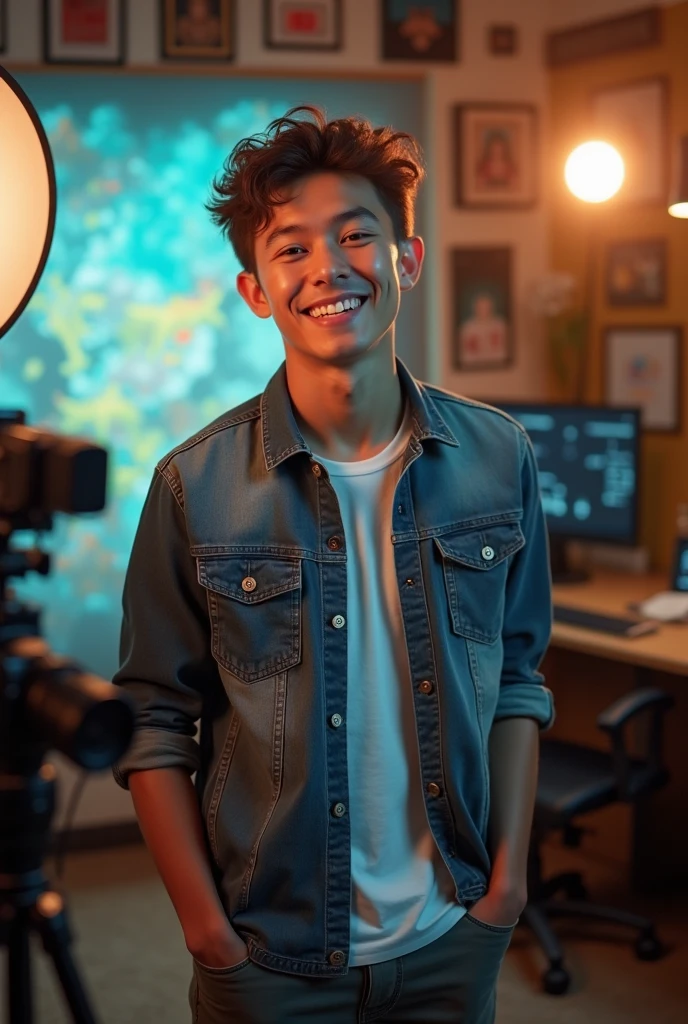 male smile excited Holding your smartphone in your hand Dark Room shout