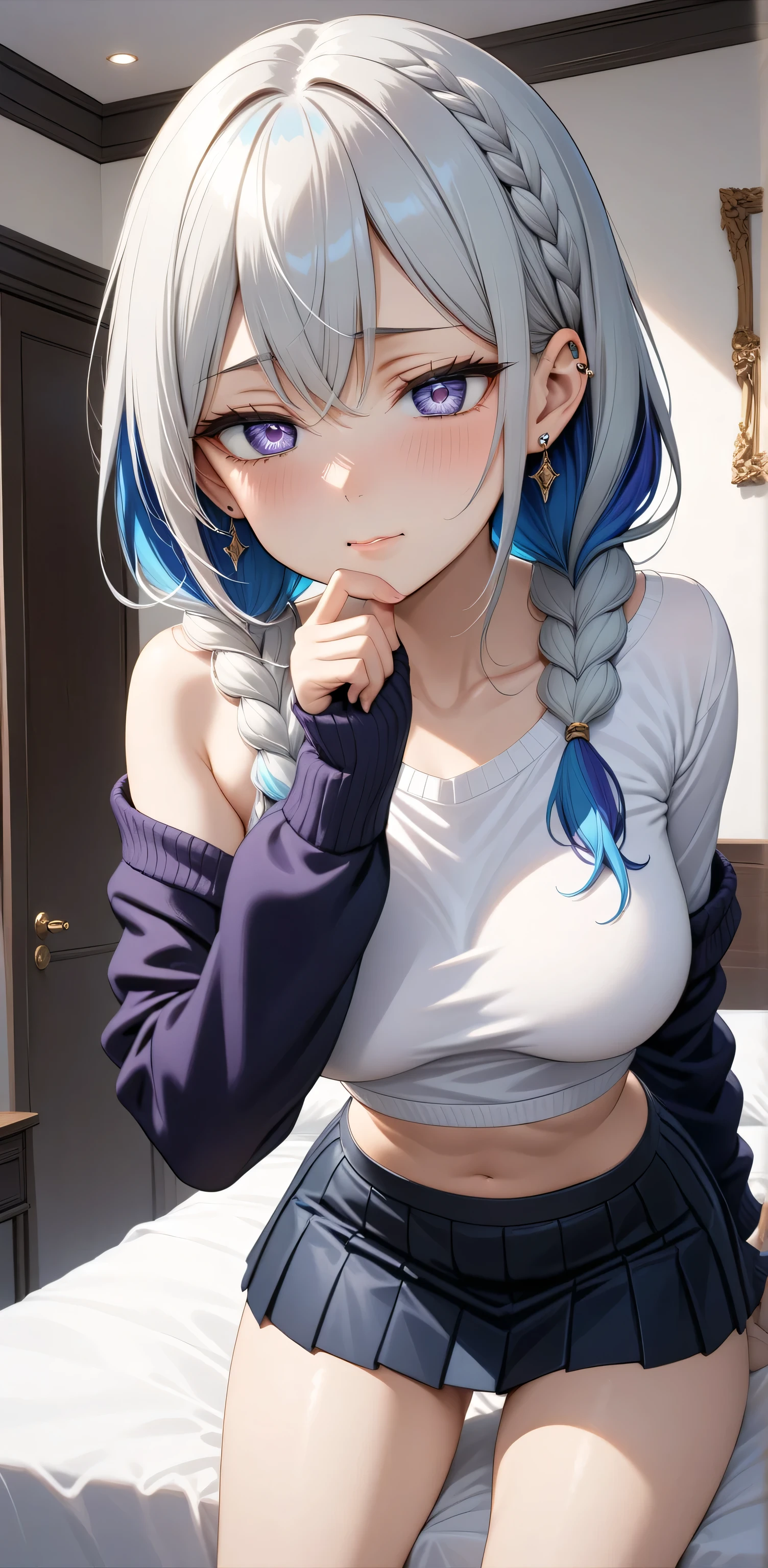 Full body, ((Random Sexy pose)), (elegant mature women), ((Ultra detailing)), (very aesthetic, best quality, ultra detailed), intricate details,
1girl, silver hair, Blue inner hair ,braids hair, (blue-Purple eyes),((Detailed eyes)), ((Beautifull eyes)), ((prefect eyes)), sharp jawline, long hair, Medium breasts, shy, Licking her lips, Blush, Medium breast, Crop top ,shirt, one bare shoulder, Skirt, ear ring, Cardigan, bed room, low angle view
